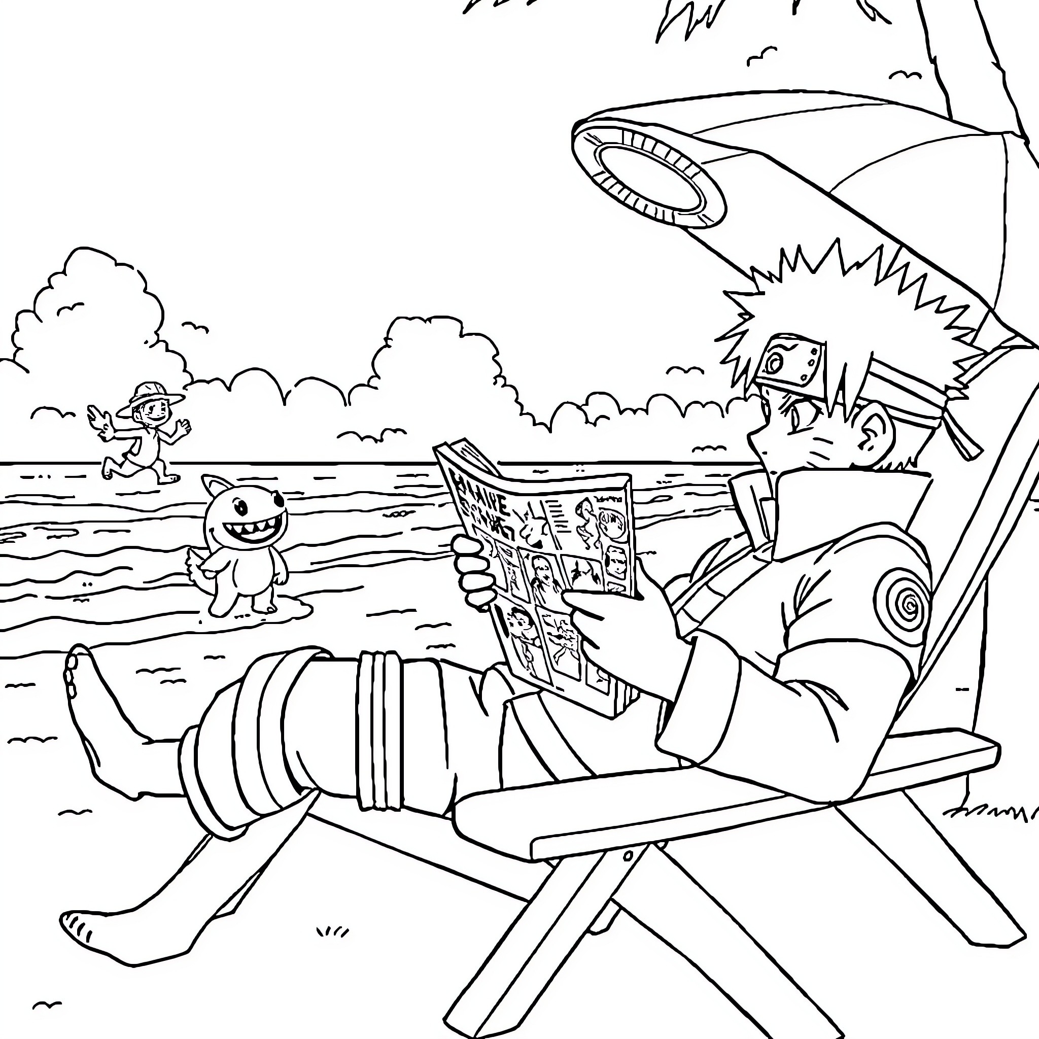 Naruto enjoying a beach day with friends and manga Coloring Page (free black-and-white line drawing printable PDF for all, from beginners to advanced learners, including children, teens, adults, and seniors)