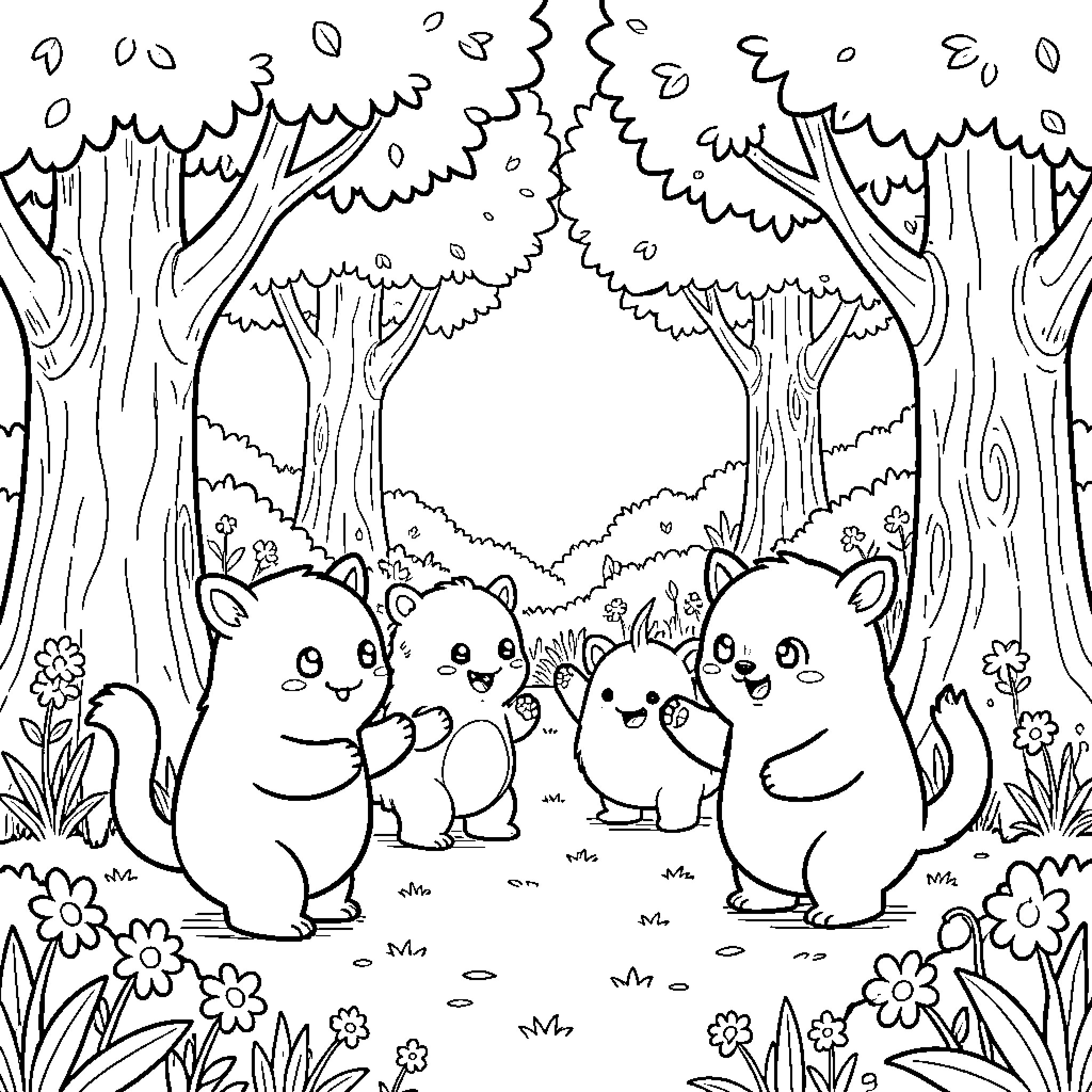 Monster Hamsters Explore the Enchanted Forest Coloring Page (free black-and-white line drawing printable PDF for all, from beginners to advanced learners, including children, teens, adults, and seniors)