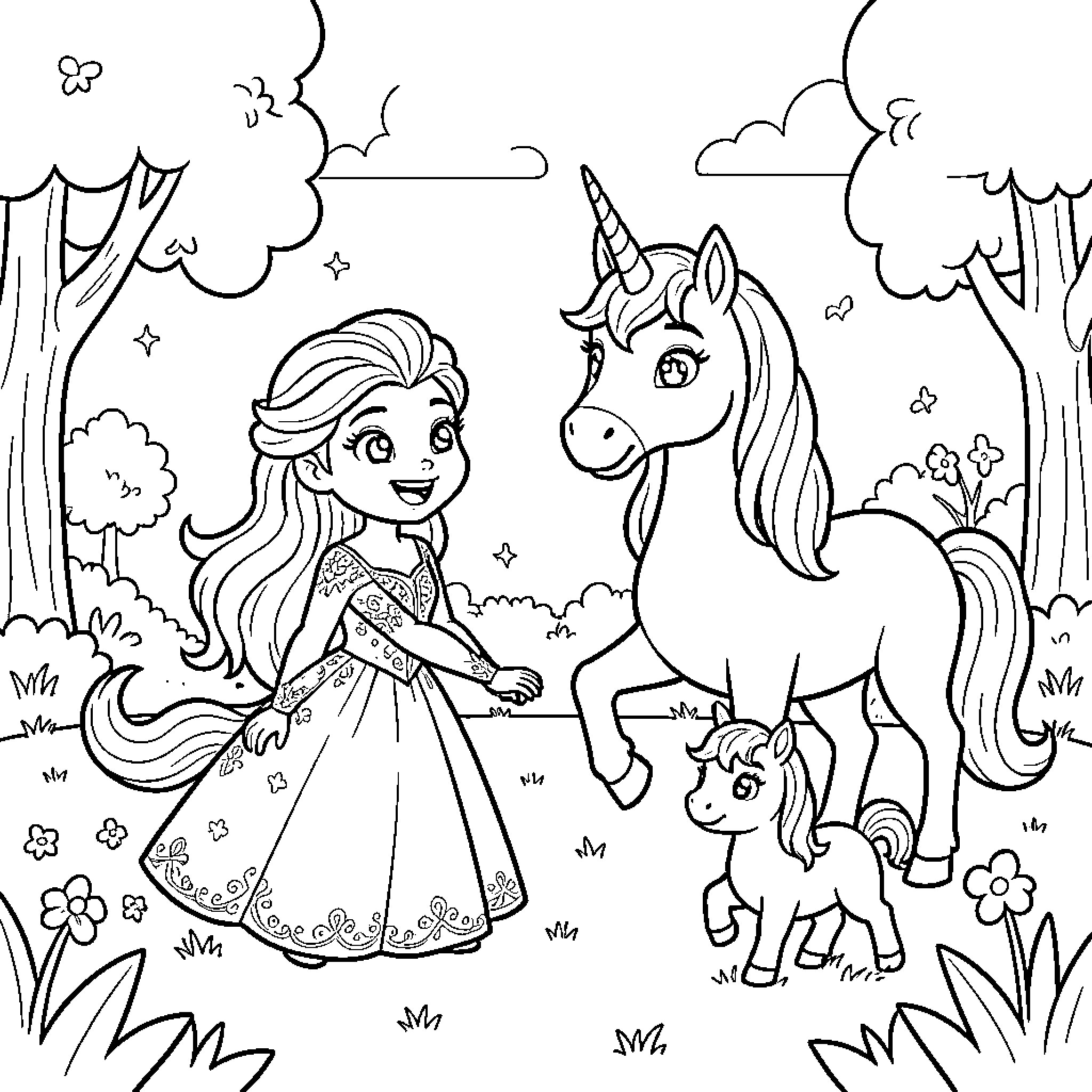 Elsa smiling while interacting with unicorns in a forest Coloring Page (free black-and-white line drawing printable PDF for all, from beginners to advanced learners, including children, teens, adults, and seniors)