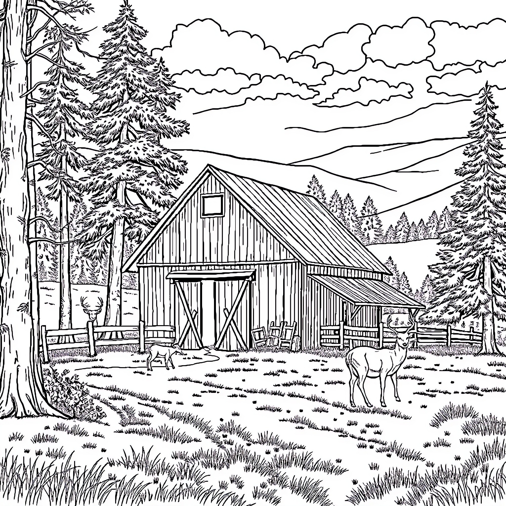 Deer exploring a rustic cabin in the snowy woods Coloring Page (free black-and-white line drawing printable PDF for all, from beginners to advanced learners, including children, teens, adults, and seniors)