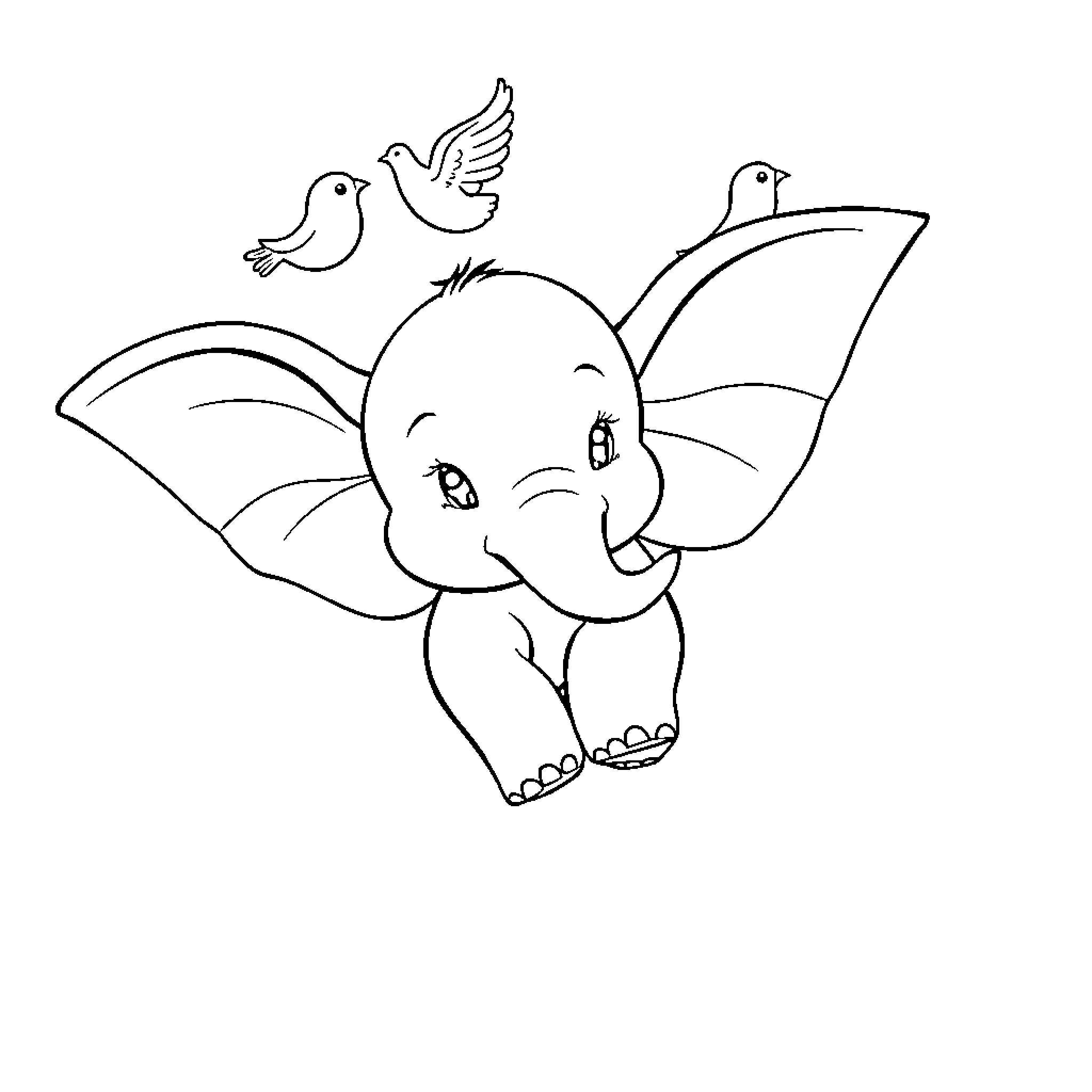 Dumbo the Elephant Playing with Birds Coloring Page (free black-and-white line drawing printable PDF for all, from beginners to advanced learners, including children, teens, adults, and seniors)