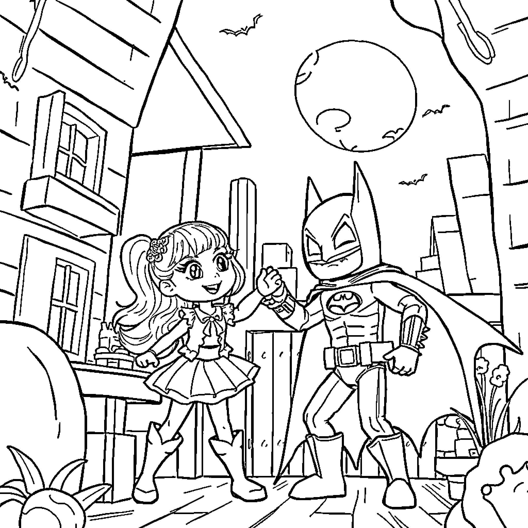 Gabby Dollhouse characters explore the city at night Coloring Page (free black-and-white line drawing printable PDF for all, from beginners to advanced learners, including children, teens, adults, and seniors)