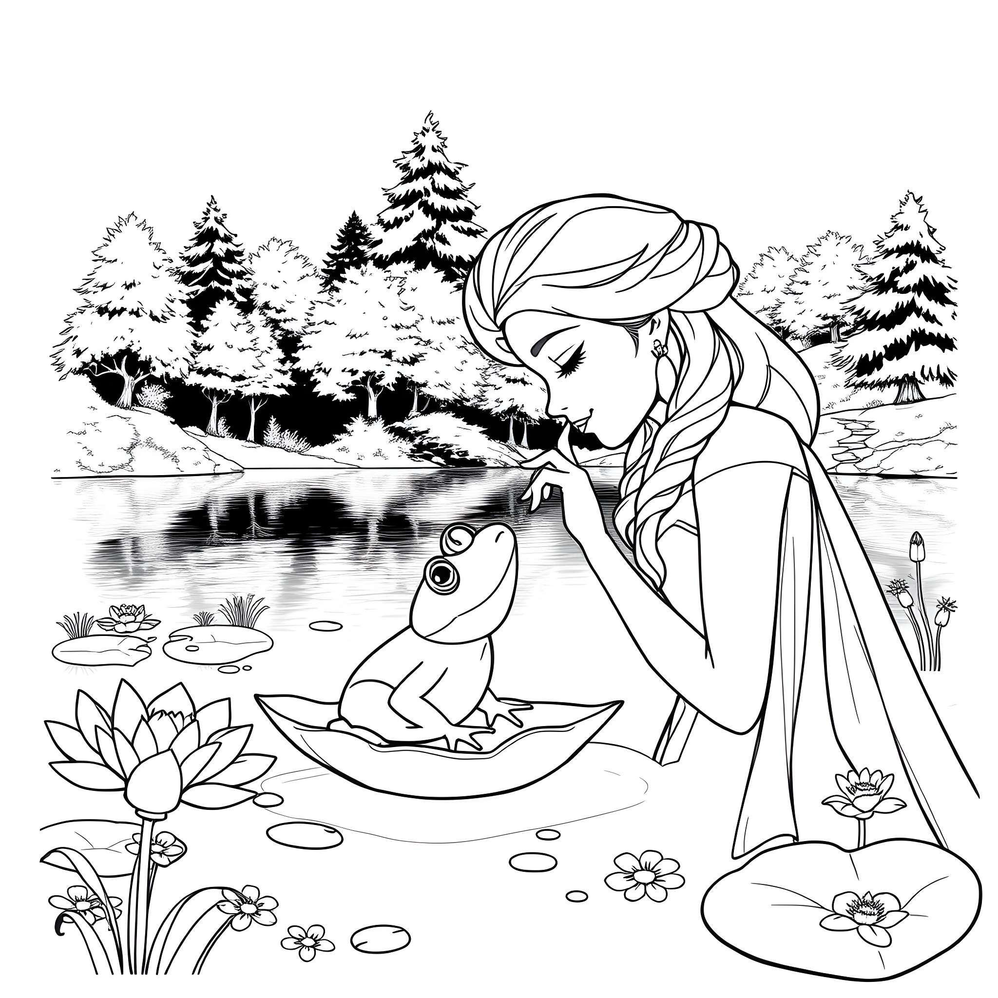 Elsa's Enchanting Encounter with a Frog in the Serene Woodland Coloring Page (free black-and-white line drawing printable PDF for all, from beginners to advanced learners, including children, teens, adults, and seniors)