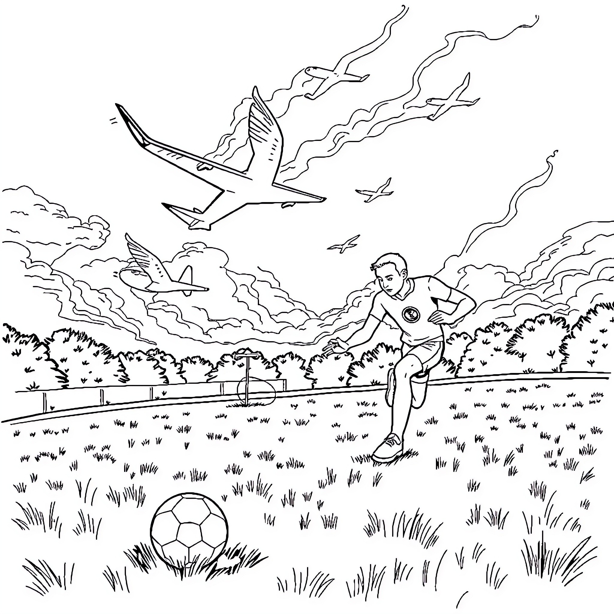 Thunderbird creatures soaring in the sky above a soccer player Coloring Page (free black-and-white line drawing printable PDF for all, from beginners to advanced learners, including children, teens, adults, and seniors)