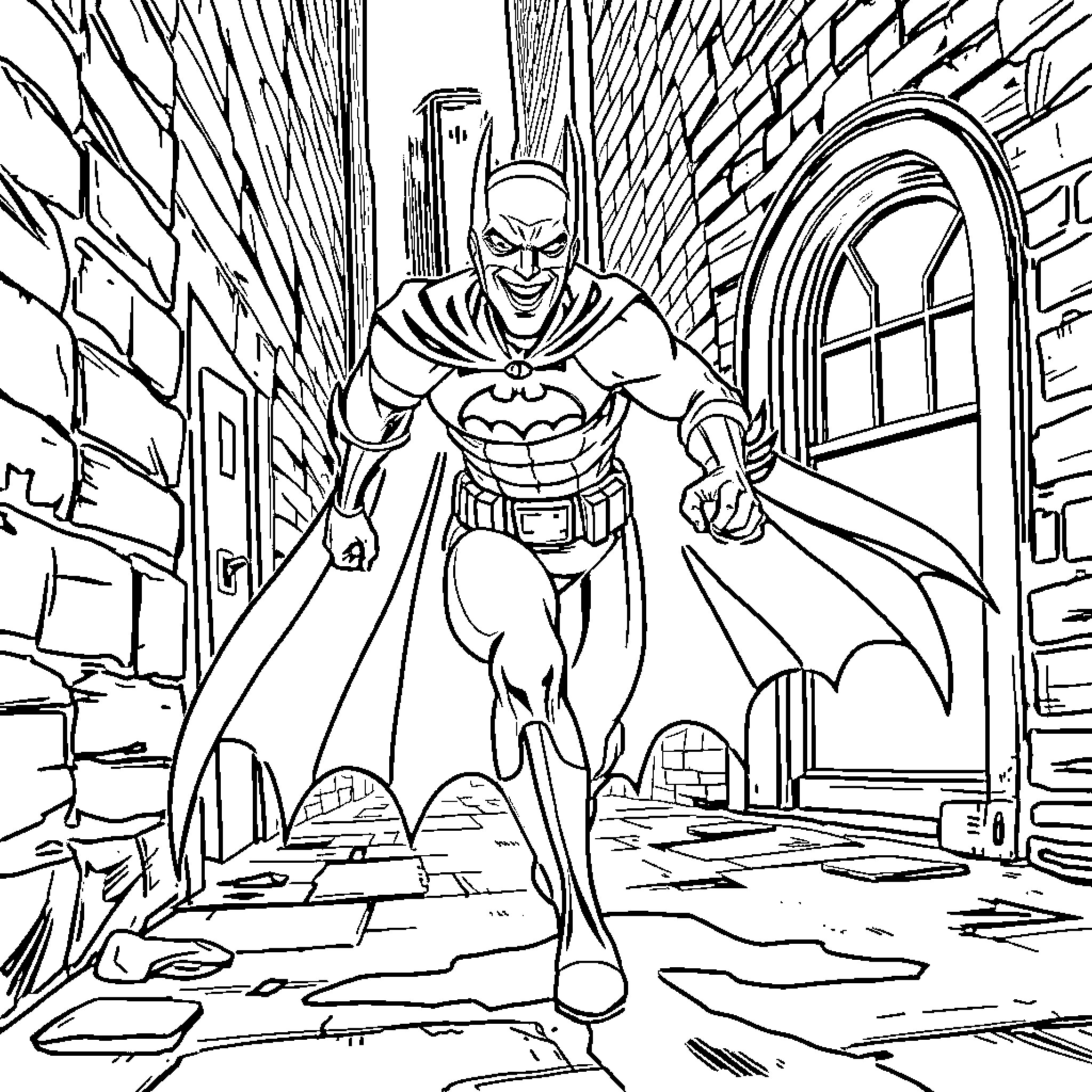 Batman Rushing Through the City Streets Coloring Page (free black-and-white line drawing printable PDF for all, from beginners to advanced learners, including children, teens, adults, and seniors)
