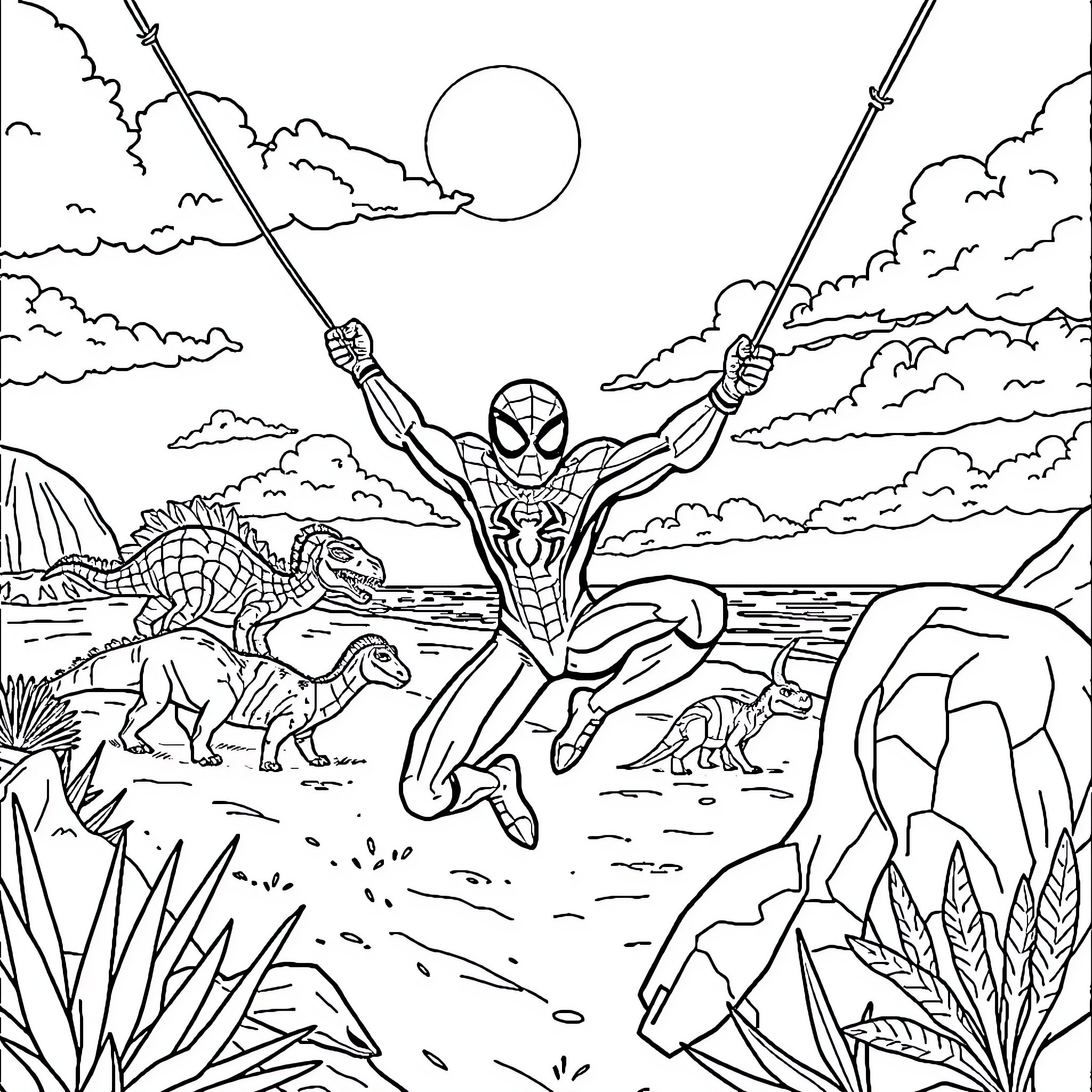 Spiderman swinging through a prehistoric landscape Coloring Page (free black-and-white line drawing printable PDF for all, from beginners to advanced learners, including children, teens, adults, and seniors)