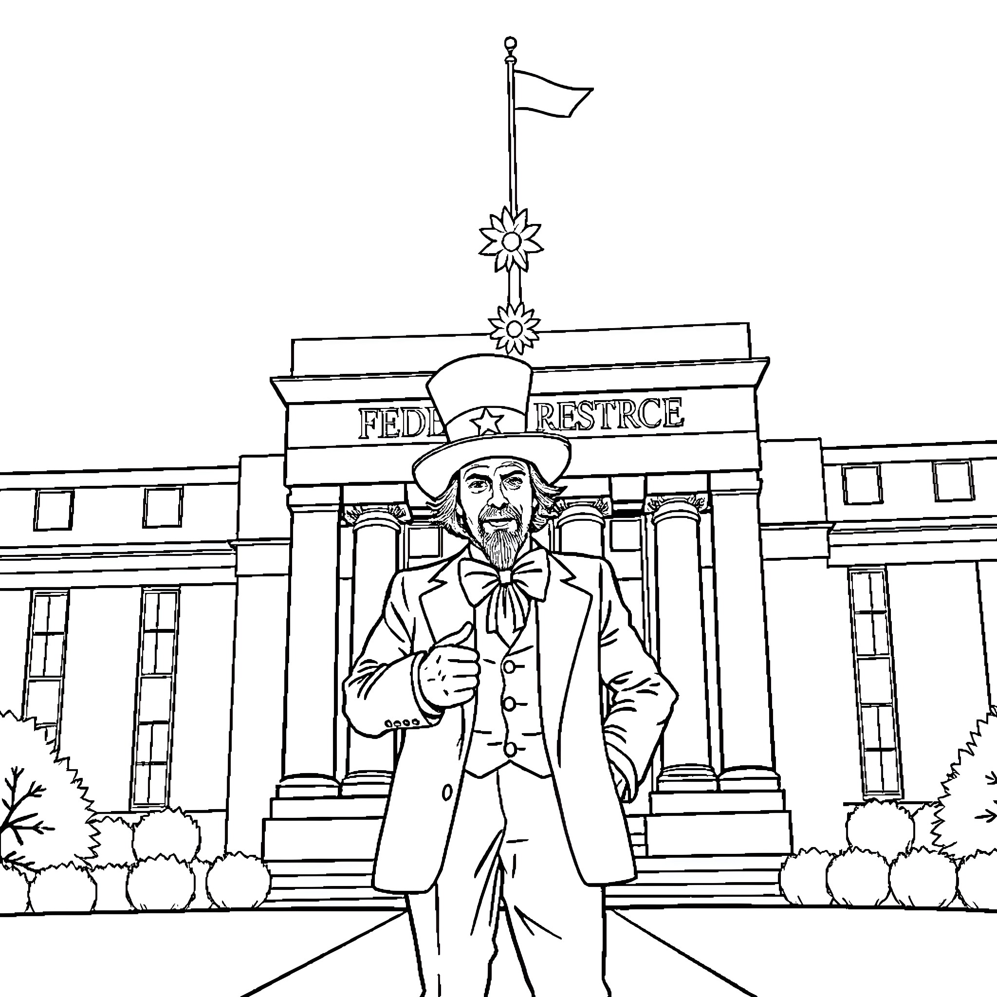 Uncle Sam standing proudly in front of government building Coloring Page (free black-and-white line drawing printable PDF for all, from beginners to advanced learners, including children, teens, adults, and seniors)