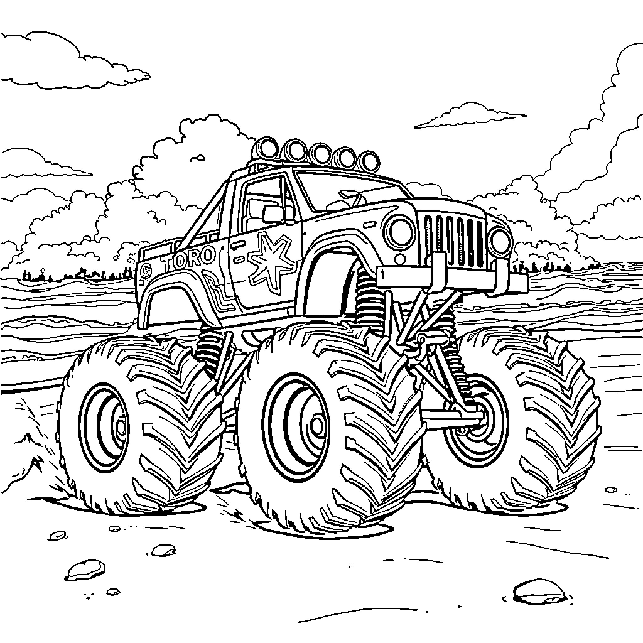 Monster Truck Jumping over Rugged Terrain Coloring Page (free black-and-white line drawing printable PDF for all, from beginners to advanced learners, including children, teens, adults, and seniors)