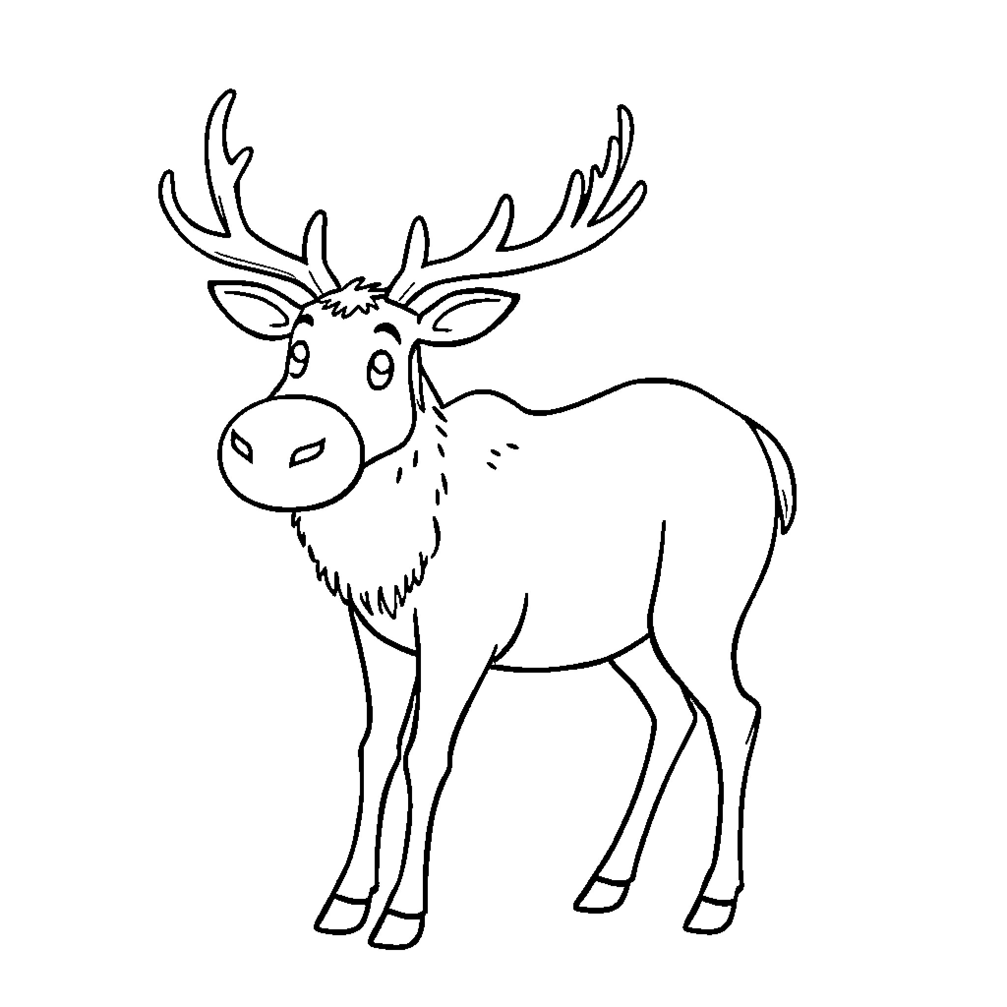 Elk standing in a simple outline Coloring Page (free black-and-white line drawing printable PDF for all, from beginners to advanced learners, including children, teens, adults, and seniors)