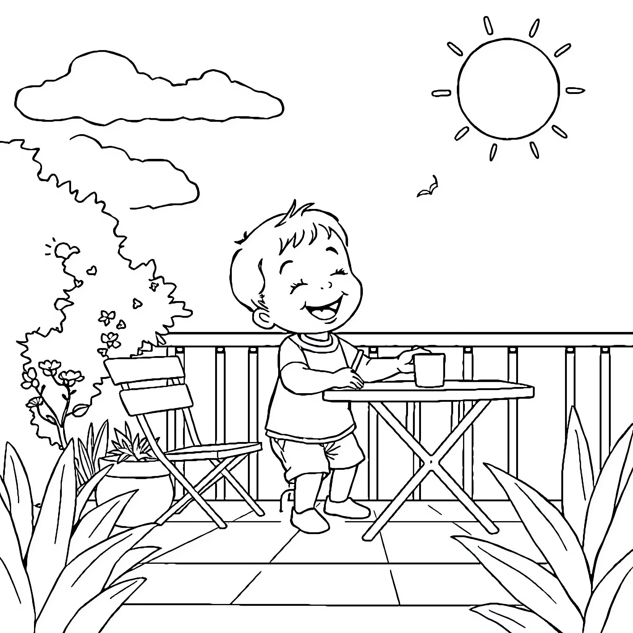 Child playing happily outdoors on a sunny day Coloring Page (free black-and-white line drawing printable PDF for all, from beginners to advanced learners, including children, teens, adults, and seniors)