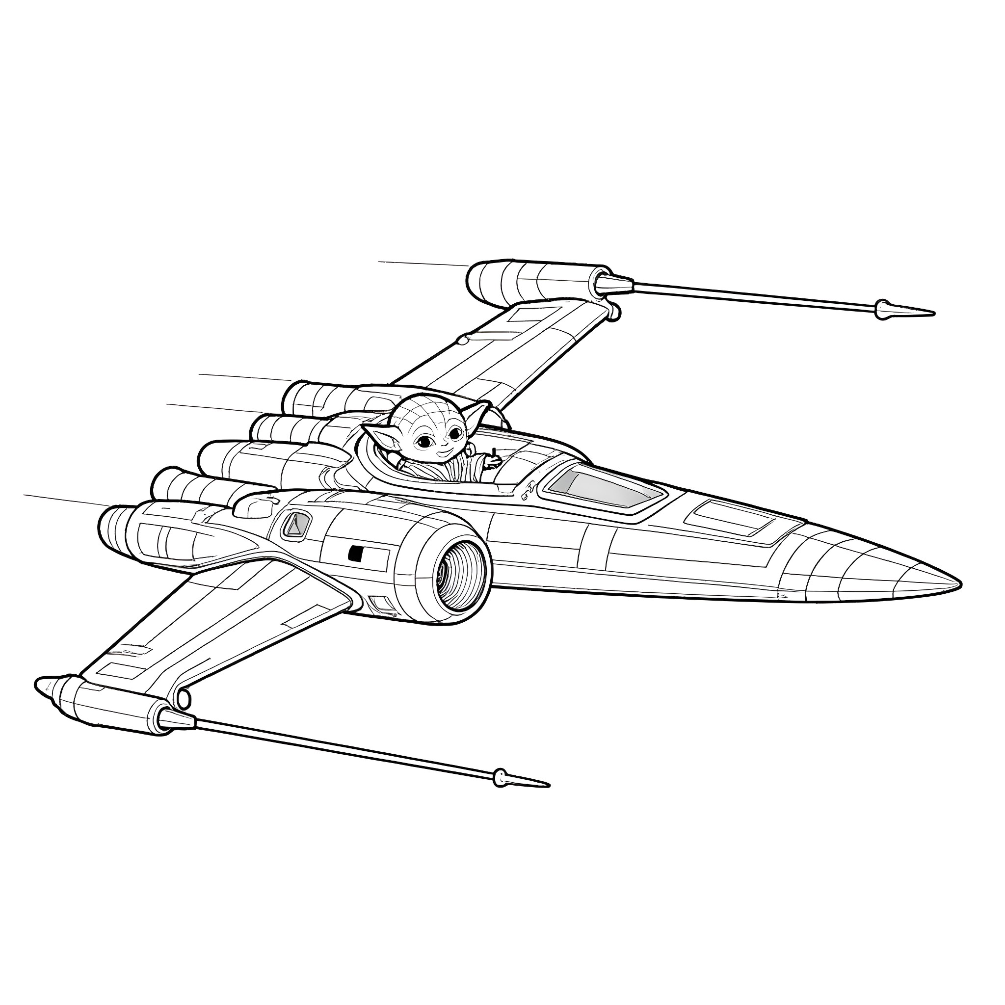 Yoda's iconic X-wing starfighter in flight Coloring Page (free black-and-white line drawing printable PDF for all, from beginners to advanced learners, including children, teens, adults, and seniors)