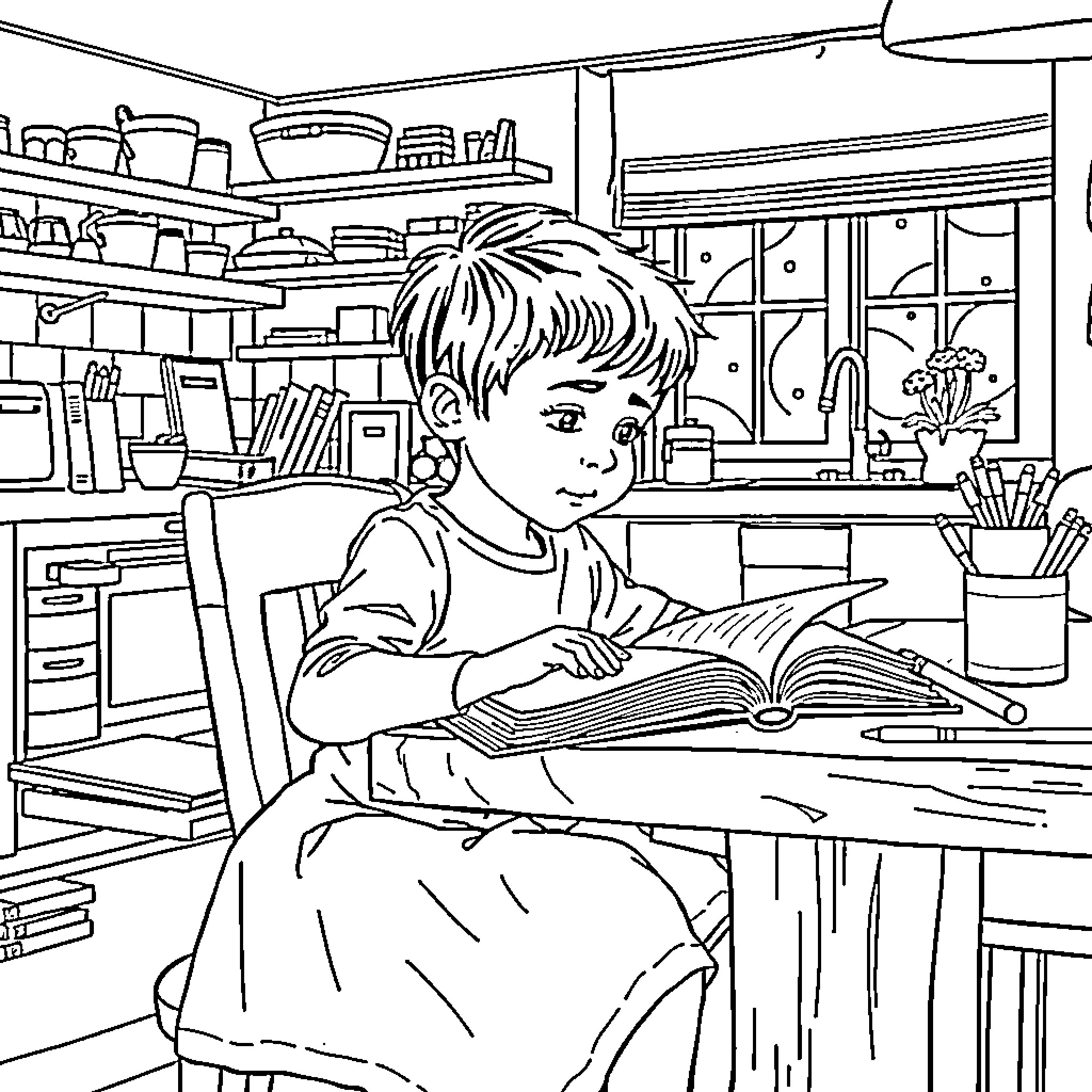 Kid reading intently in a cozy study room Coloring Page (free black-and-white line drawing printable PDF for all, from beginners to advanced learners, including children, teens, adults, and seniors)