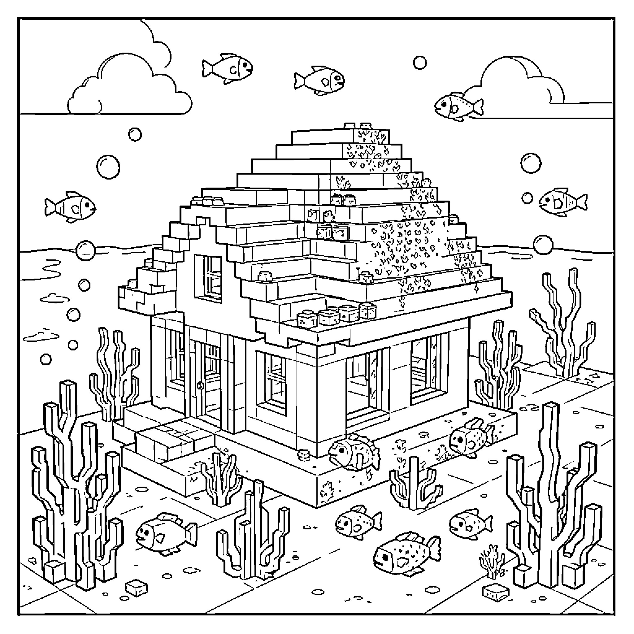 Minecraft Home underwater with swimming fish and coral Coloring Page (free black-and-white line drawing printable PDF for all, from beginners to advanced learners, including children, teens, adults, and seniors)