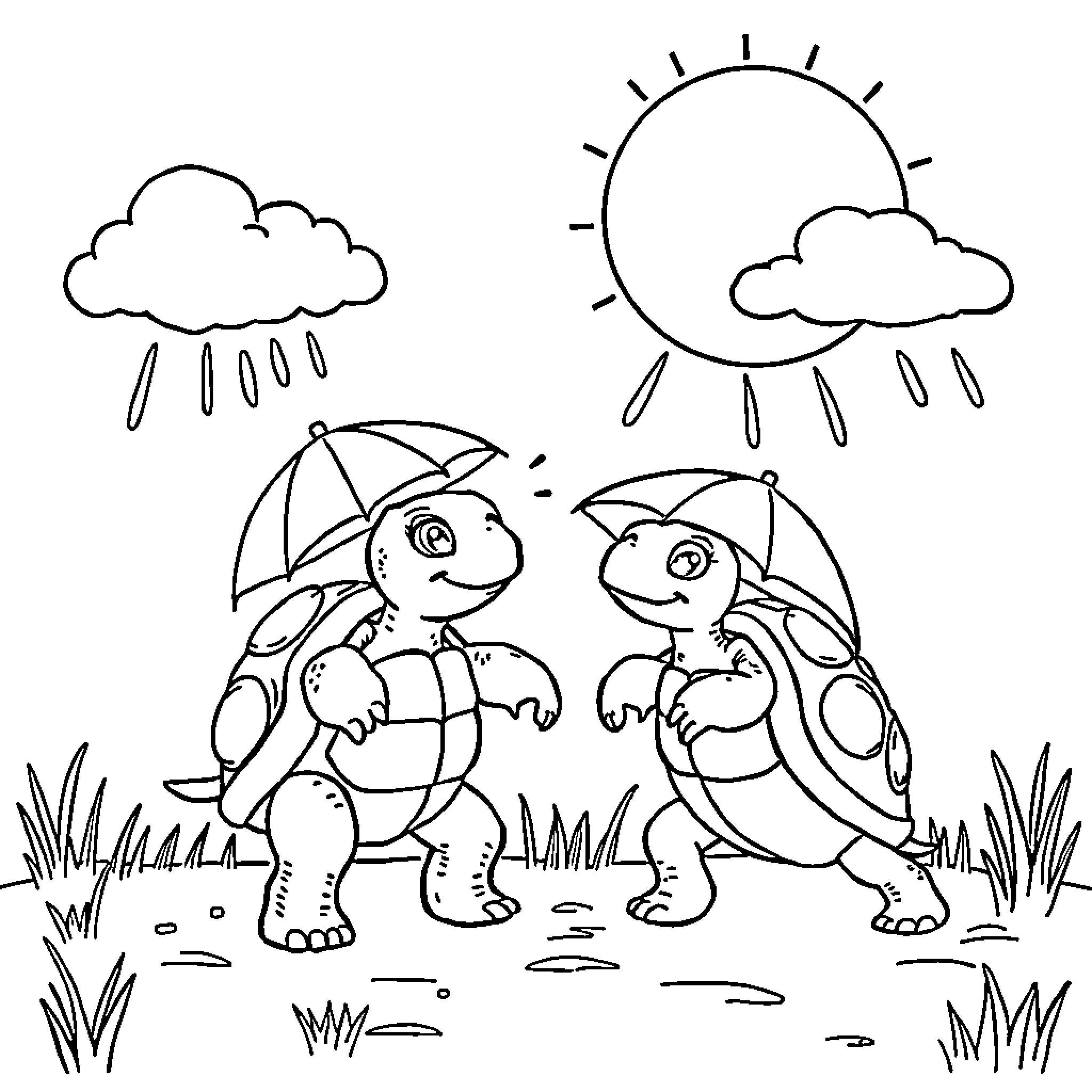 Turtle walking together in the rain Coloring Page (free black-and-white line drawing printable PDF for all, from beginners to advanced learners, including children, teens, adults, and seniors)
