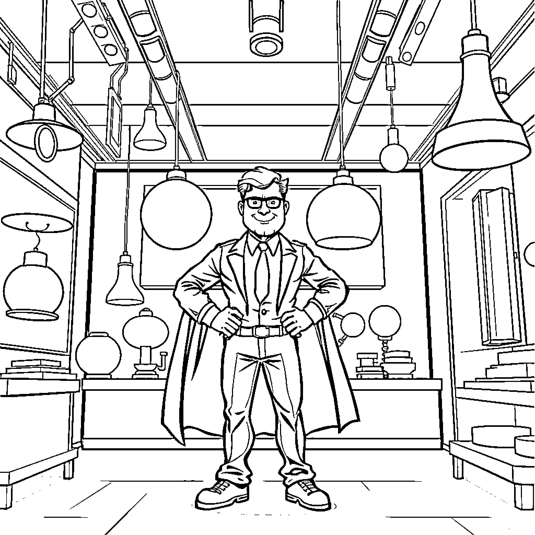 Salesman showcasing his wares in a laboratory setting Coloring Page (free black-and-white line drawing printable PDF for all, from beginners to advanced learners, including children, teens, adults, and seniors)