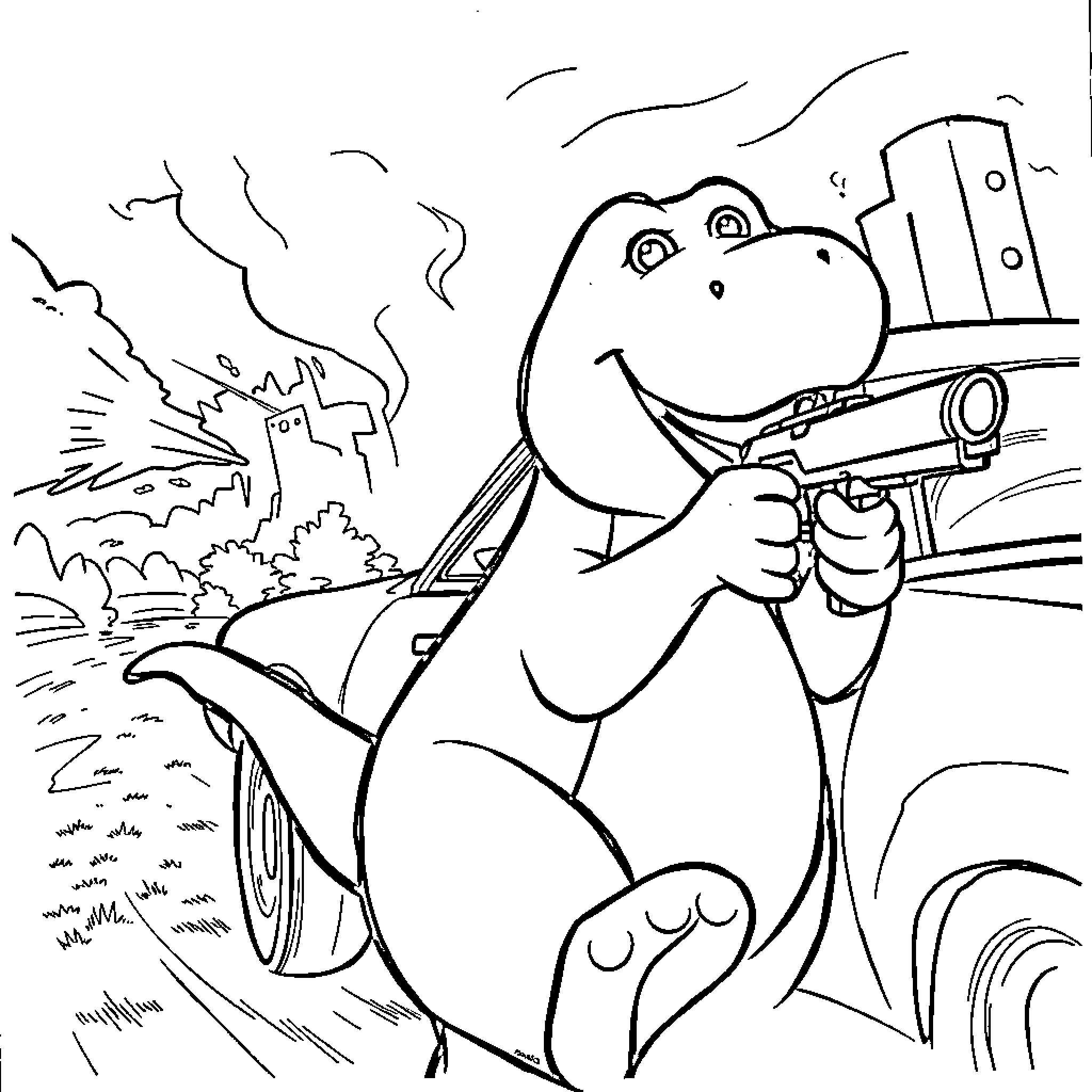 Barney's Exciting Adventure with Tools Coloring Page (free black-and-white line drawing printable PDF for all, from beginners to advanced learners, including children, teens, adults, and seniors)