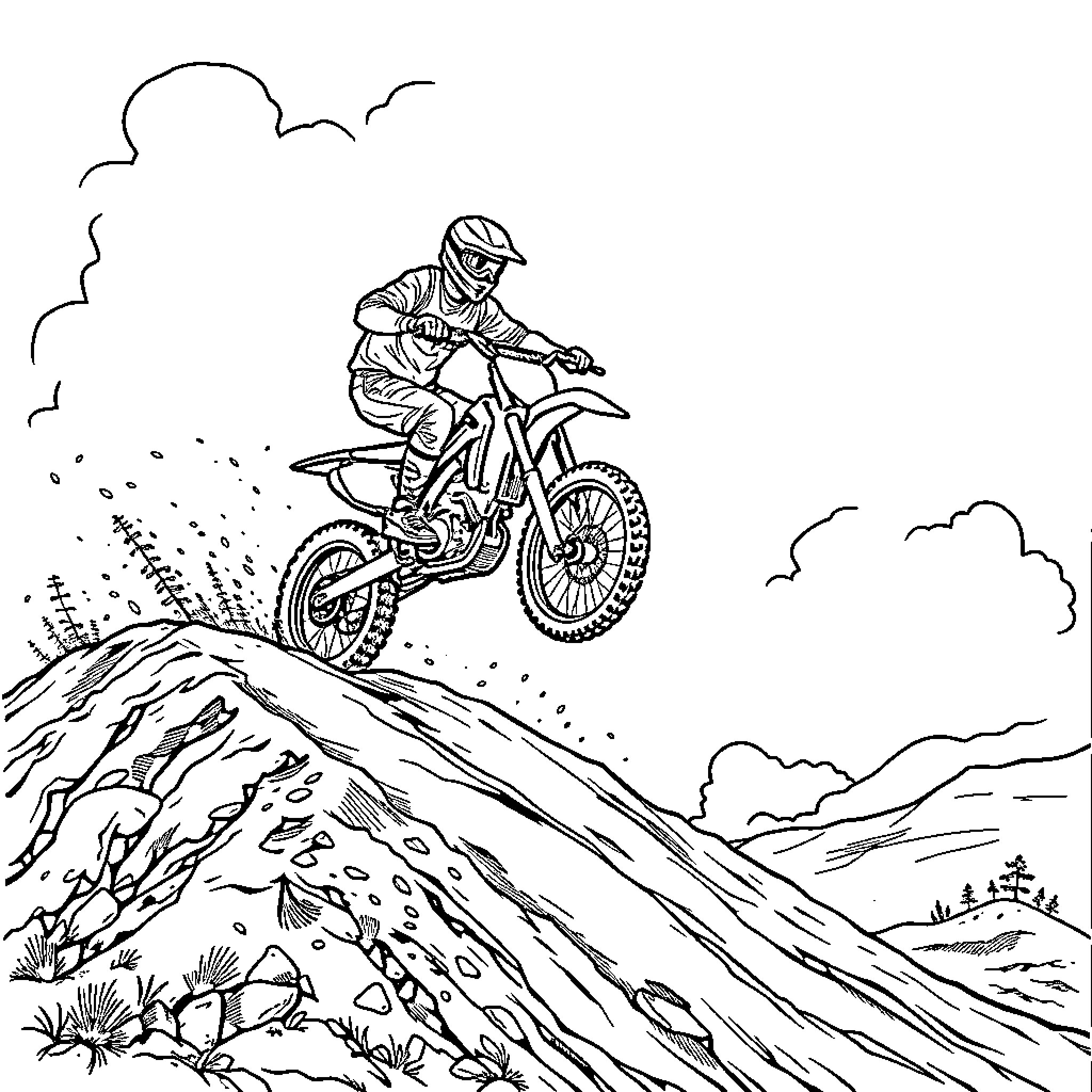 Man riding dirt bike down a rugged mountain trail Coloring Page (free black-and-white line drawing printable PDF for all, from beginners to advanced learners, including children, teens, adults, and seniors)