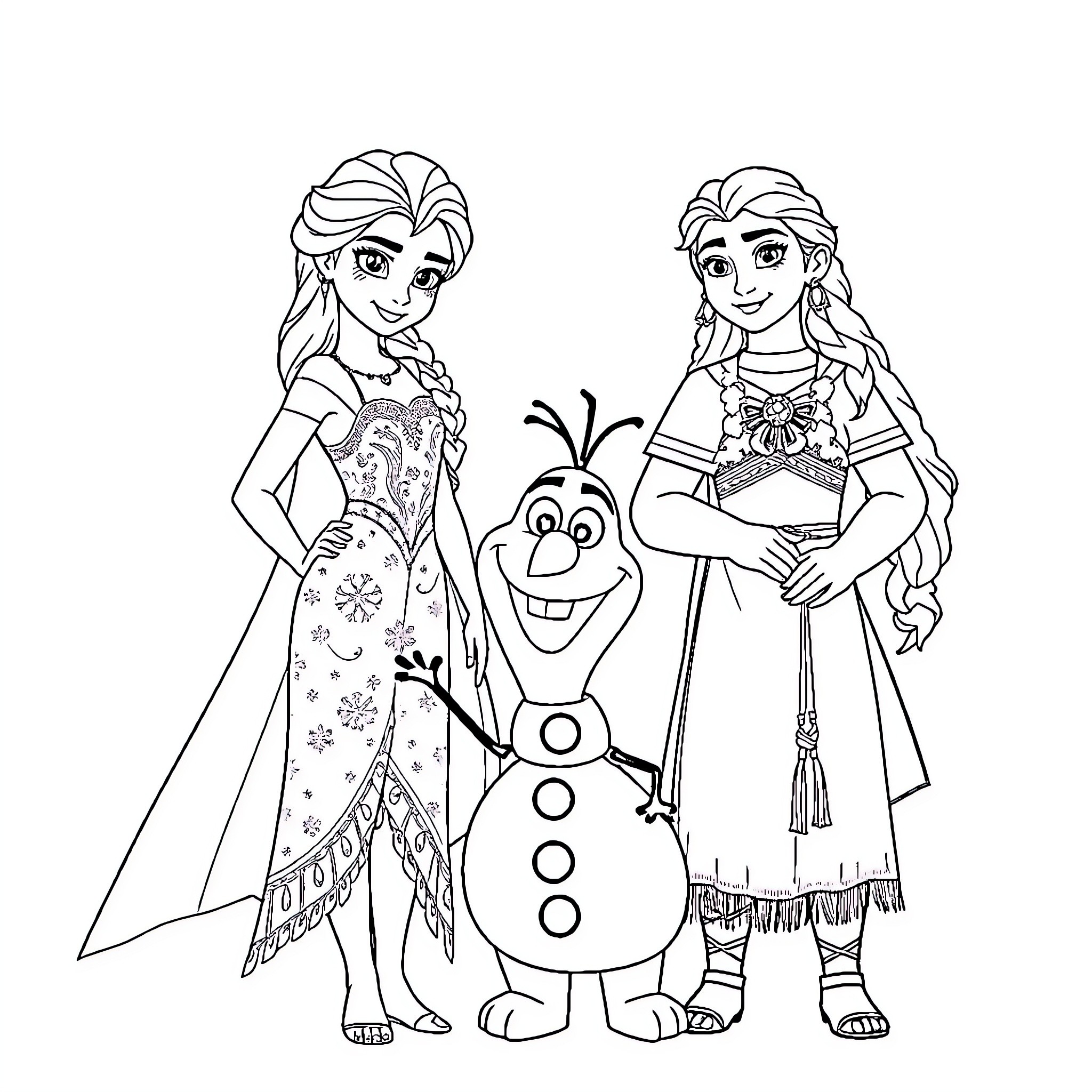 Moana and Elsa enjoying a winter adventure with Olaf Coloring Page (free black-and-white line drawing printable PDF for all, from beginners to advanced learners, including children, teens, adults, and seniors)