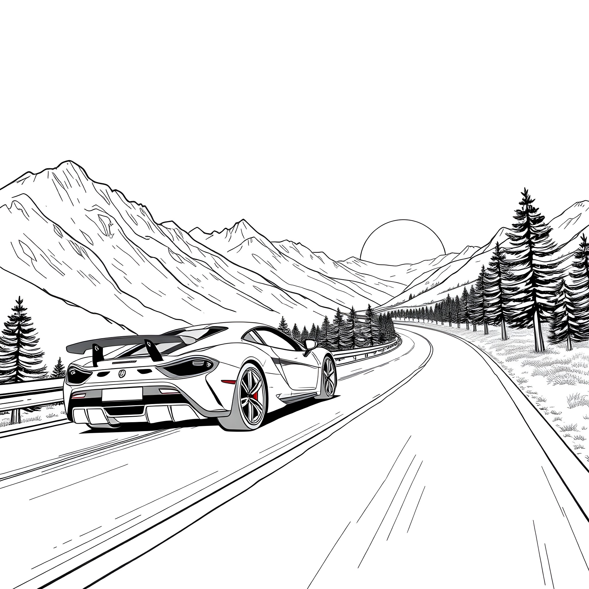 Sports Car Racing Through Mountain Landscape Coloring Page (free black-and-white line drawing printable PDF for all, from beginners to advanced learners, including children, teens, adults, and seniors)