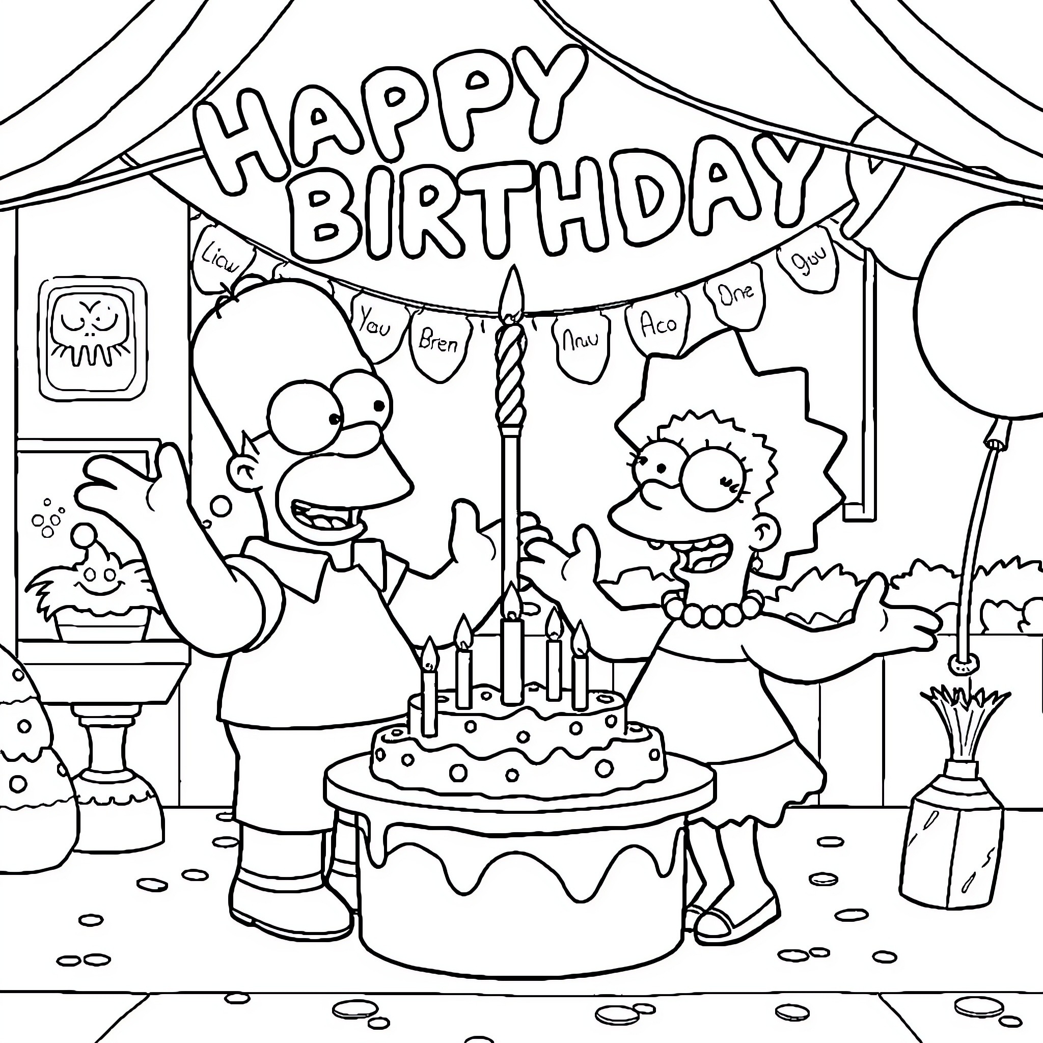 Simpsons family celebrating a birthday party Coloring Page (free black-and-white line drawing printable PDF for all, from beginners to advanced learners, including children, teens, adults, and seniors)