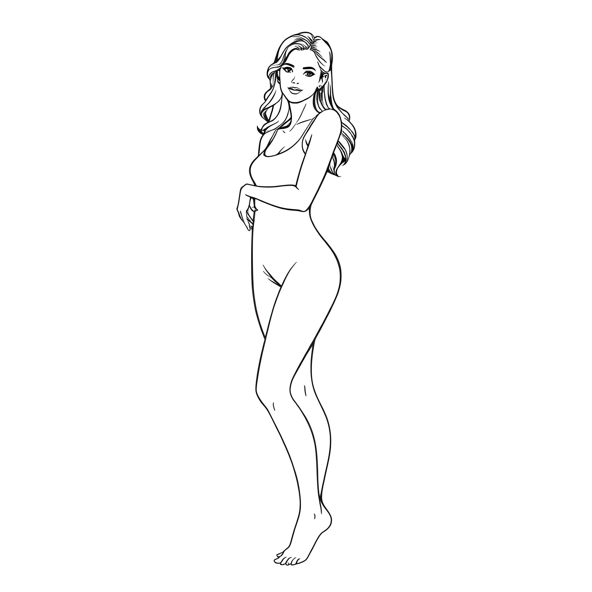 Woman in simple attire with flowing hair Coloring Page (free black-and-white line drawing printable PDF for all, from beginners to advanced learners, including children, teens, adults, and seniors)