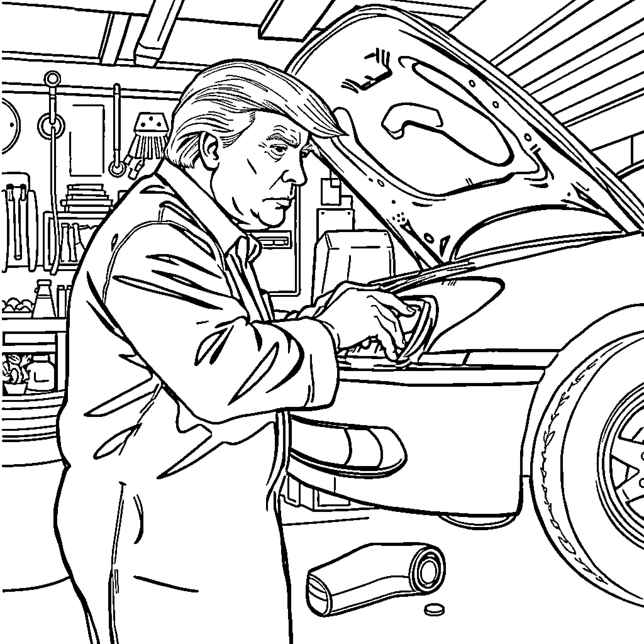 Trump working on his car in the garage Coloring Page (free black-and-white line drawing printable PDF for all, from beginners to advanced learners, including children, teens, adults, and seniors)