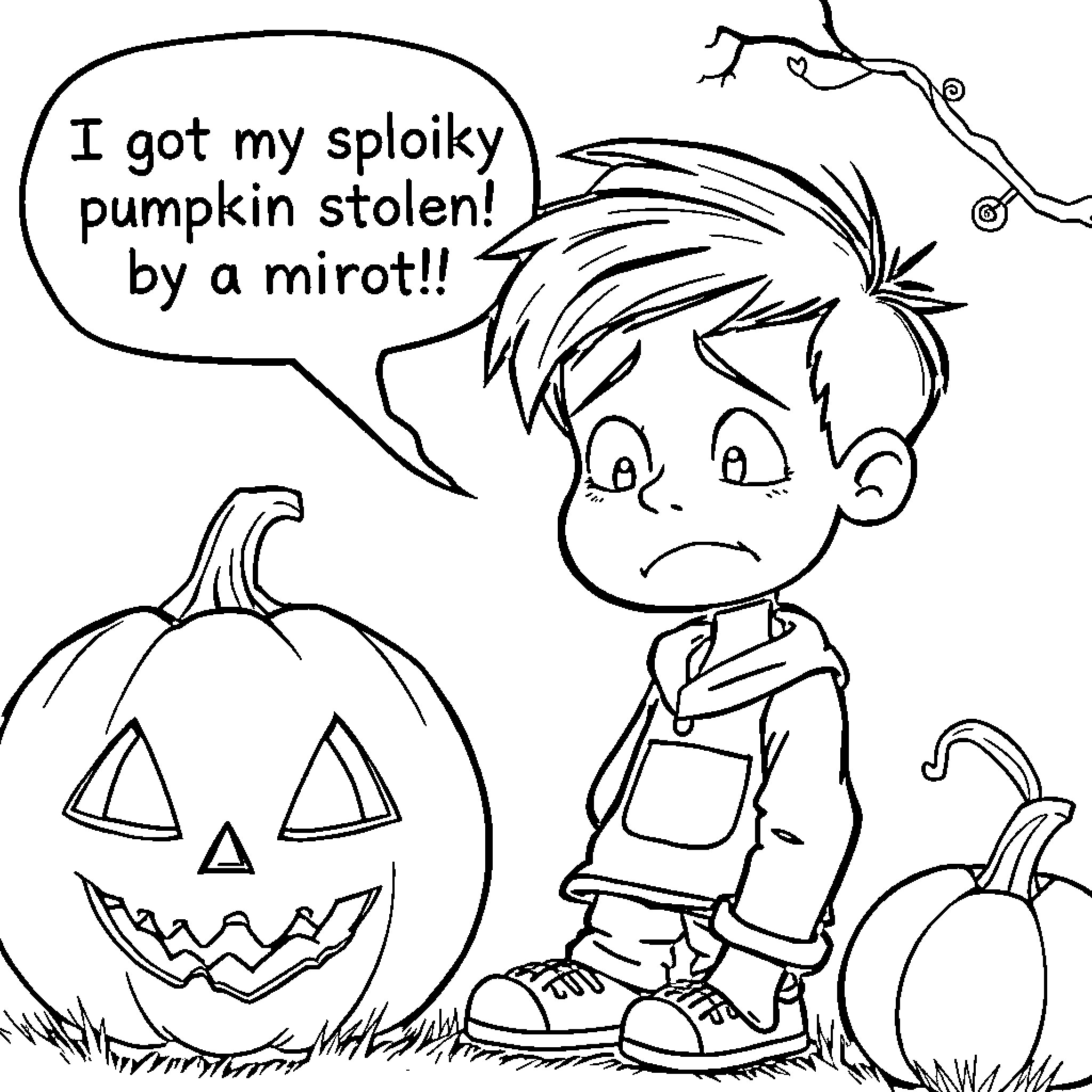 Kid's Spoiled Pumpkin Stolen by a Mischievous Character Coloring Page (free black-and-white line drawing printable PDF for all, from beginners to advanced learners, including children, teens, adults, and seniors)