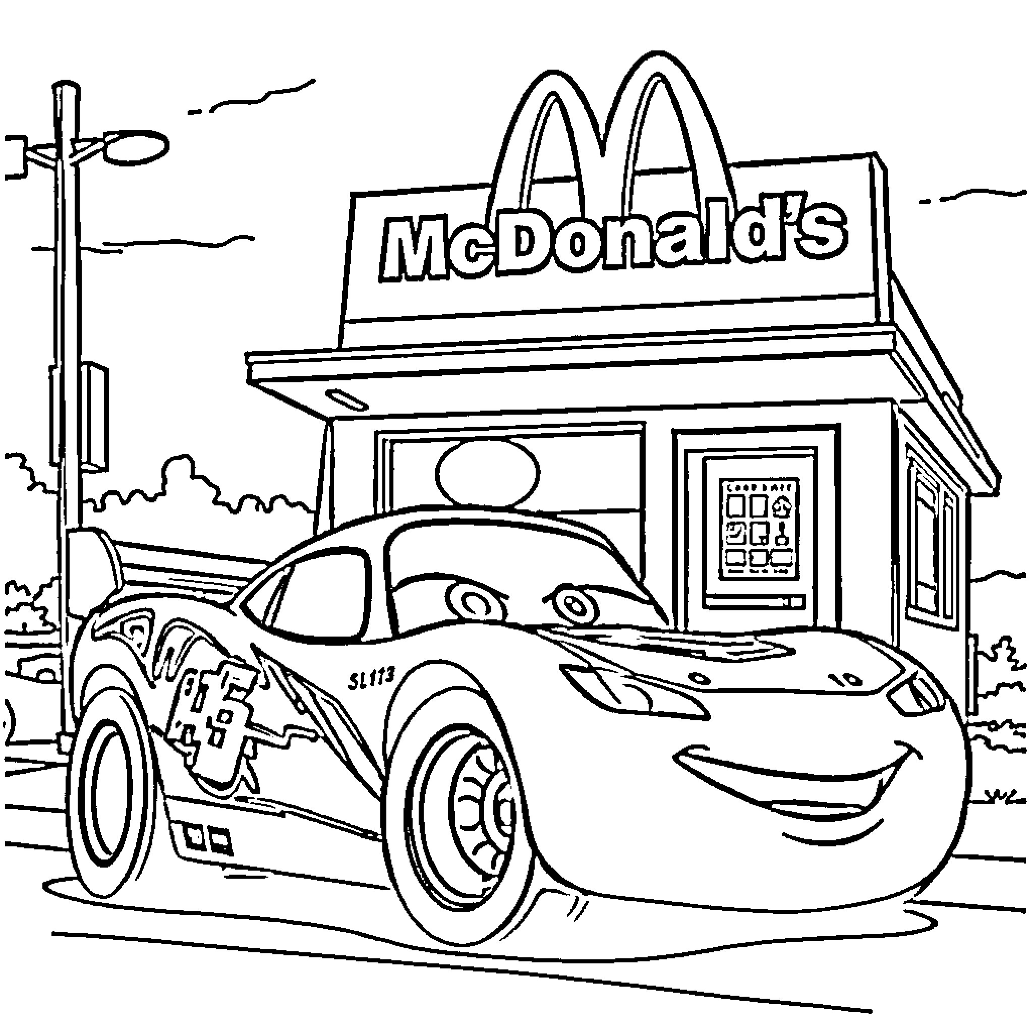 Lightning McQueen visits the fast food restaurant Coloring Page (free black-and-white line drawing printable PDF for all, from beginners to advanced learners, including children, teens, adults, and seniors)
