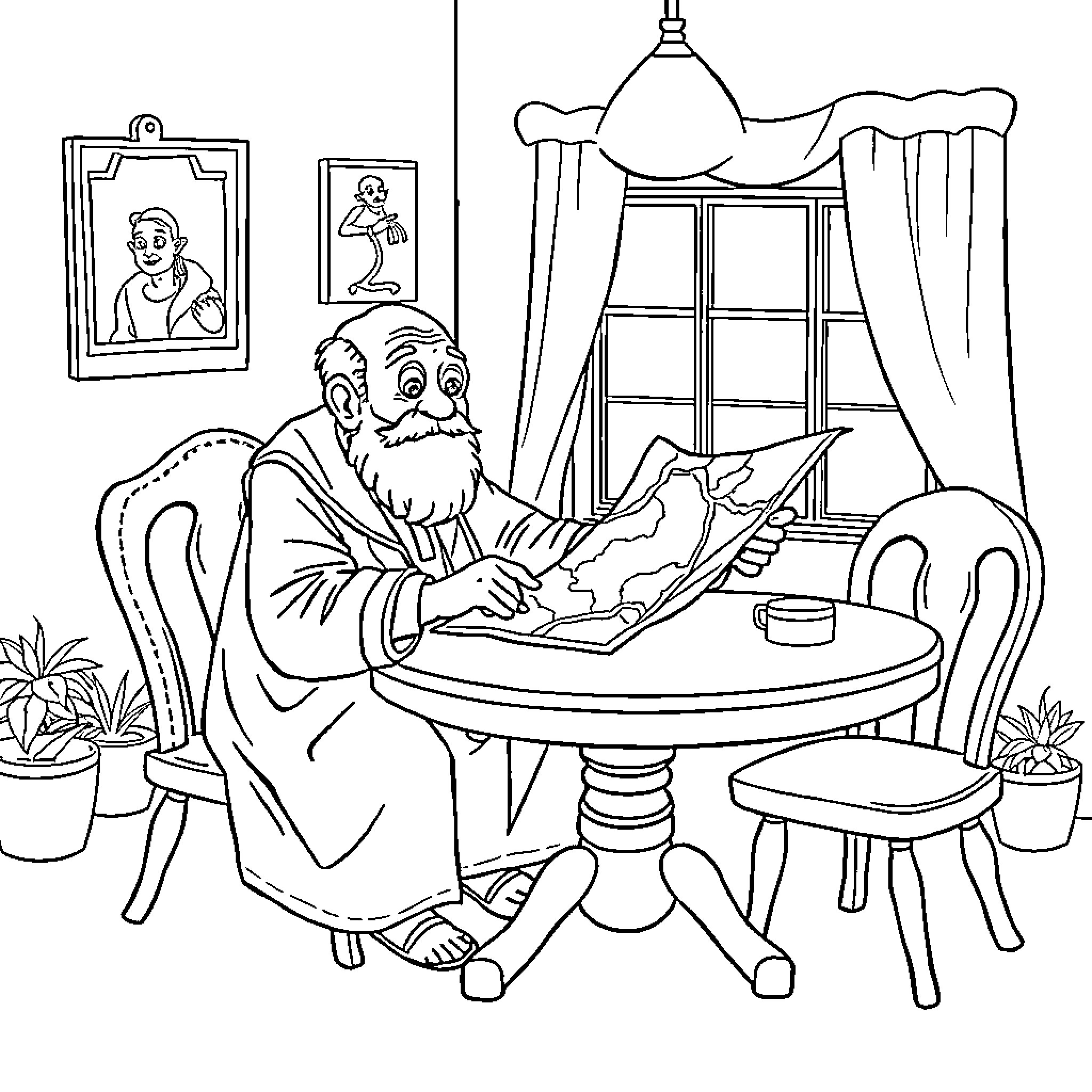 Dad reading a book by the window Coloring Page (free black-and-white line drawing printable PDF for all, from beginners to advanced learners, including children, teens, adults, and seniors)