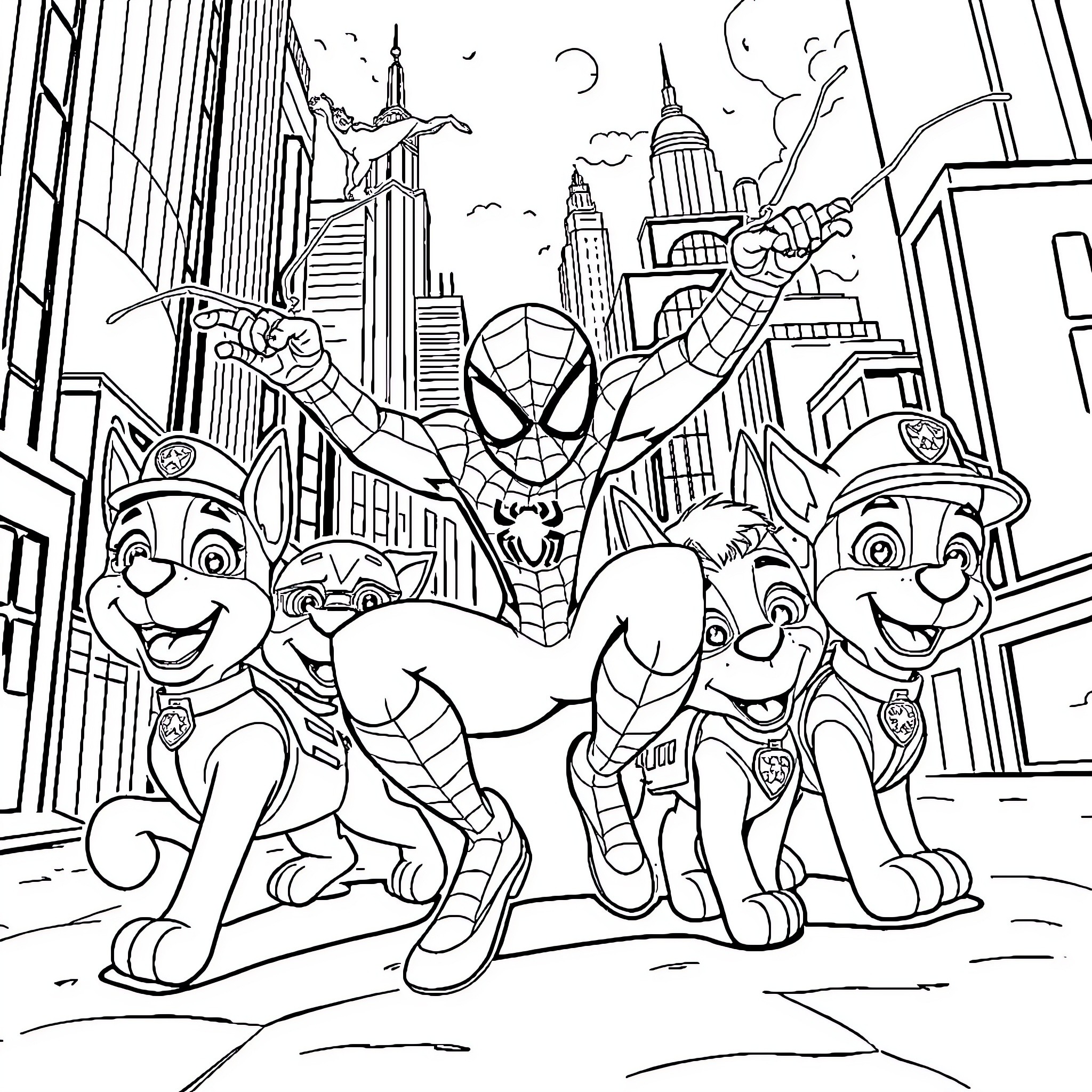 Spider-Man swinging above the city with friends Coloring Page (free black-and-white line drawing printable PDF for all, from beginners to advanced learners, including children, teens, adults, and seniors)