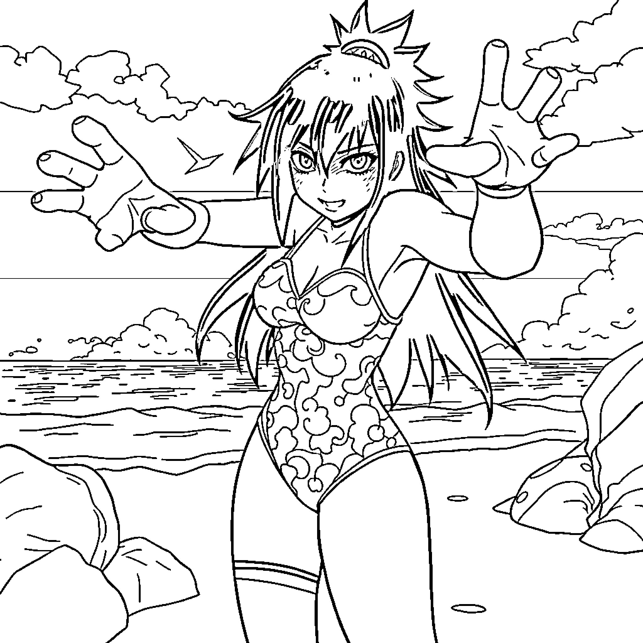 Hinata enjoying the beach in a colorful swimsuit Coloring Page (free black-and-white line drawing printable PDF for all, from beginners to advanced learners, including children, teens, adults, and seniors)