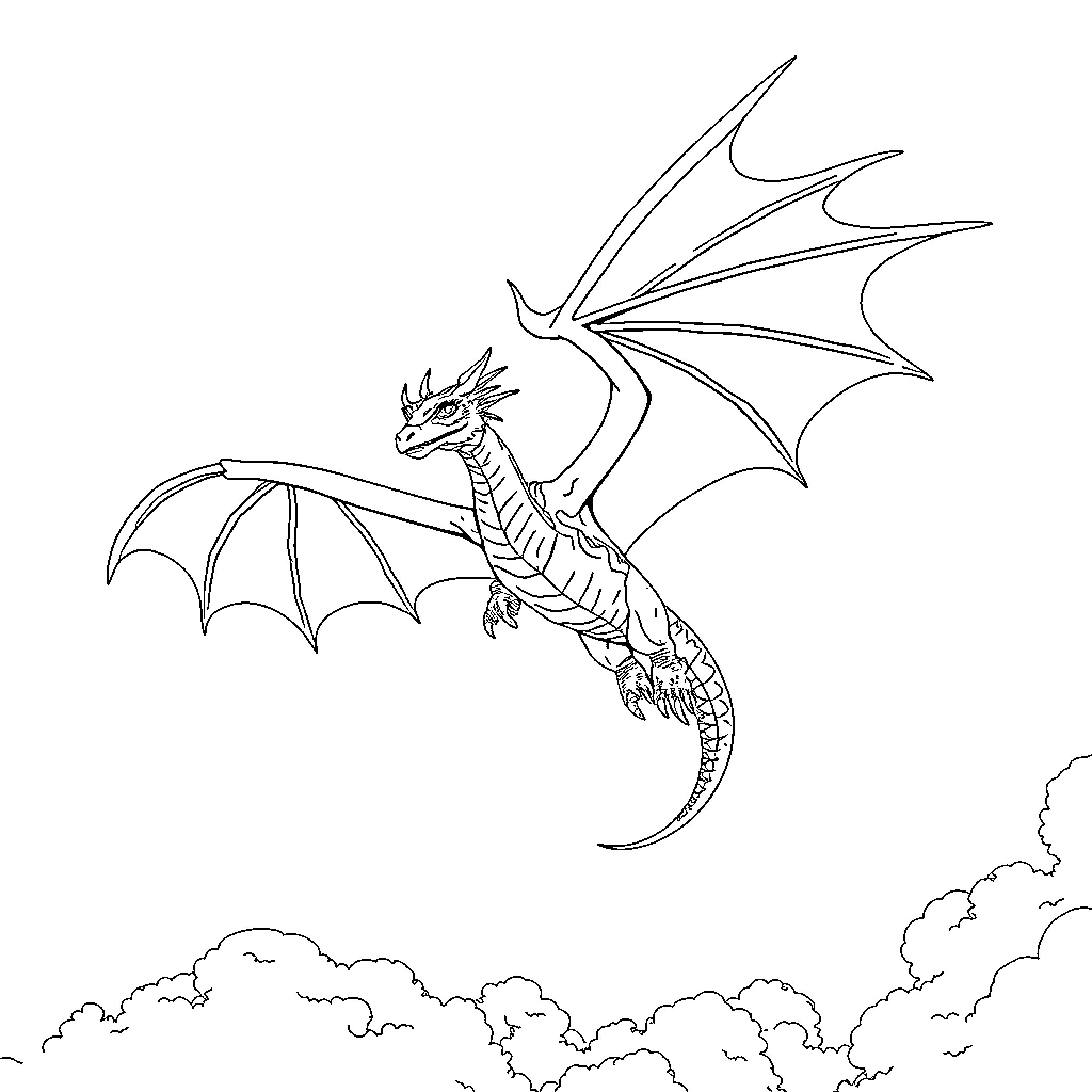 Dragon soaring majestically through the clouds Coloring Page (free black-and-white line drawing printable PDF for all, from beginners to advanced learners, including children, teens, adults, and seniors)