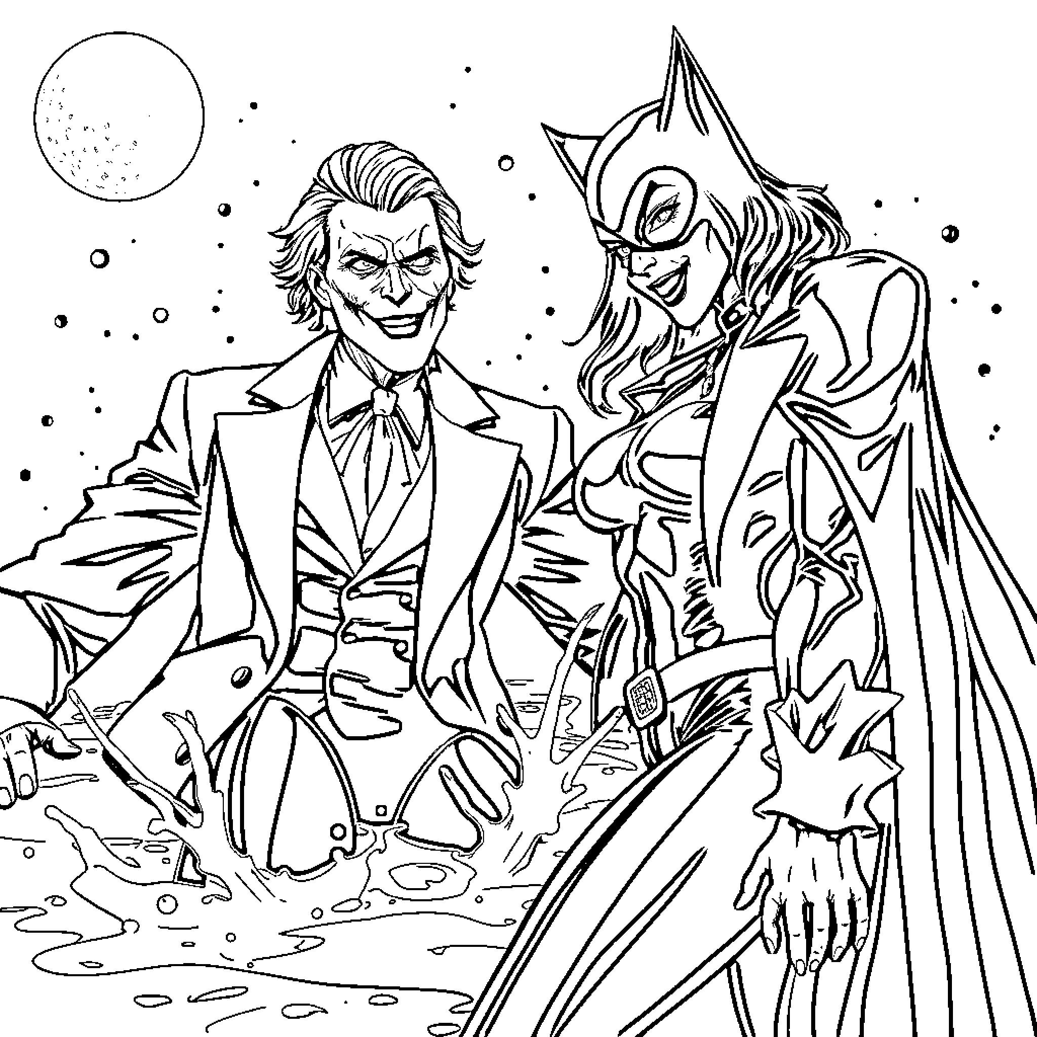Catwoman and the Joker in a Mysterious Moonlit Scene Coloring Page (free black-and-white line drawing printable PDF for all, from beginners to advanced learners, including children, teens, adults, and seniors)
