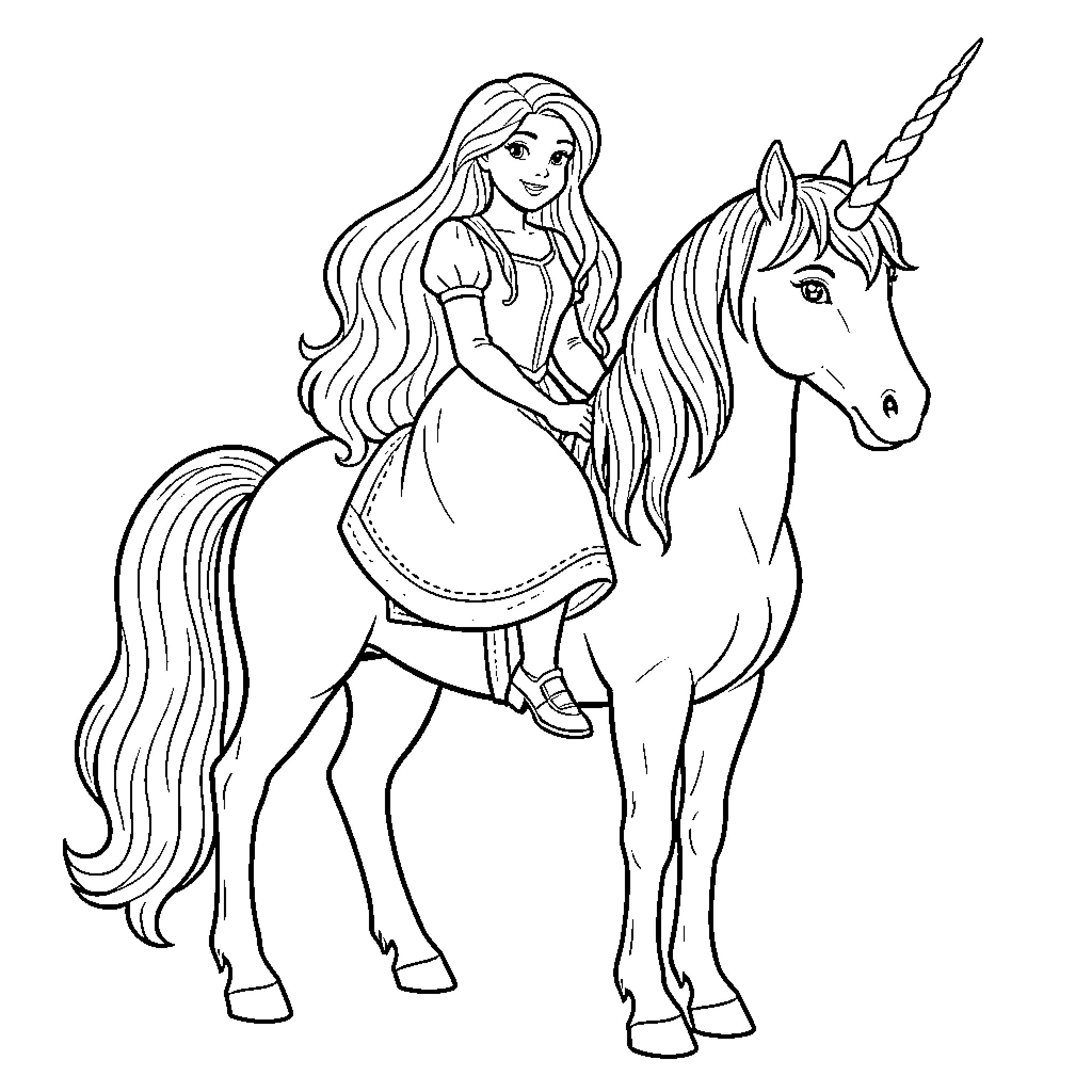 Rapunzel riding a majestic unicorn Coloring Page (free black-and-white line drawing printable PDF for all, from beginners to advanced learners, including children, teens, adults, and seniors)