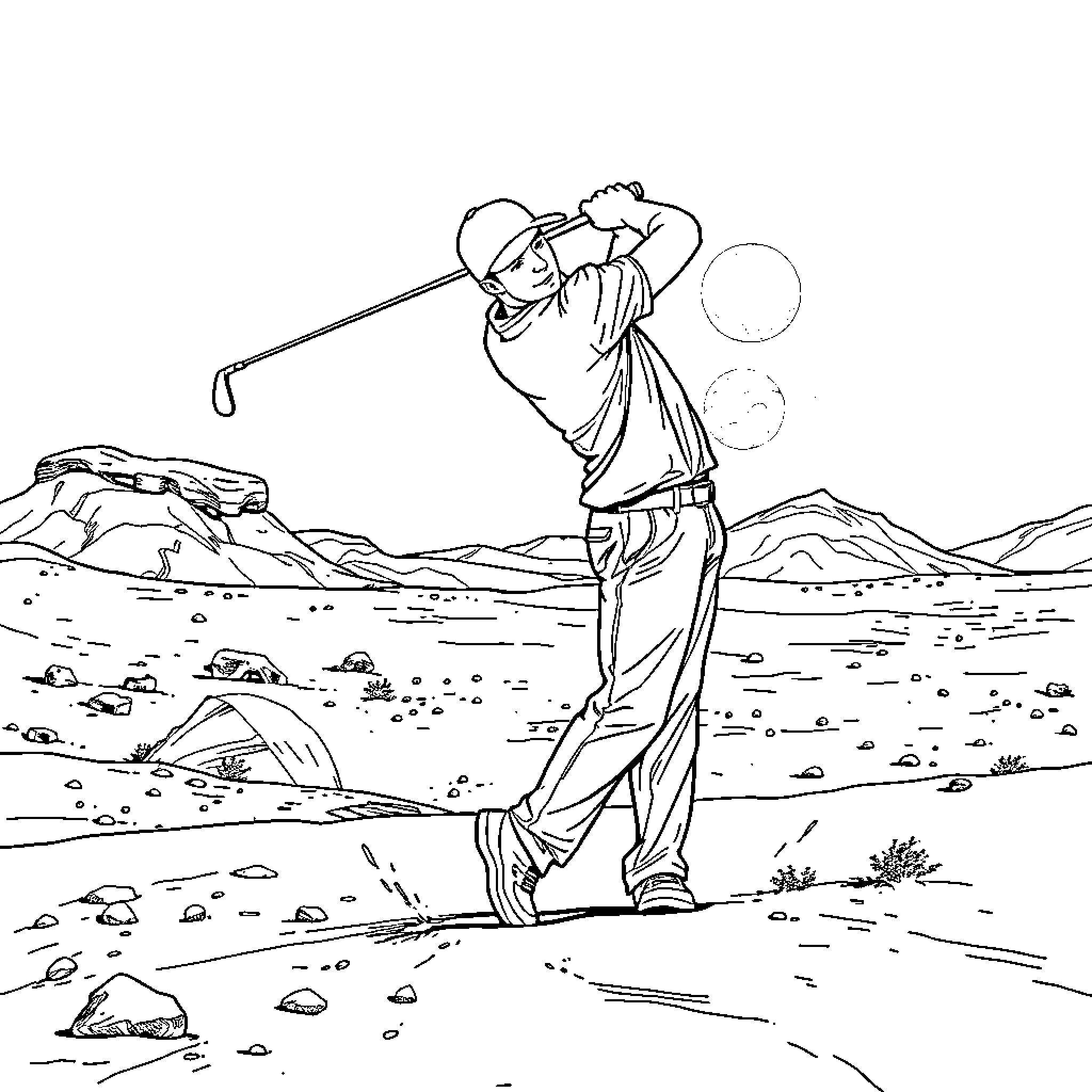 Golfer swinging on a rocky golf course Coloring Page (free black-and-white line drawing printable PDF for all, from beginners to advanced learners, including children, teens, adults, and seniors)