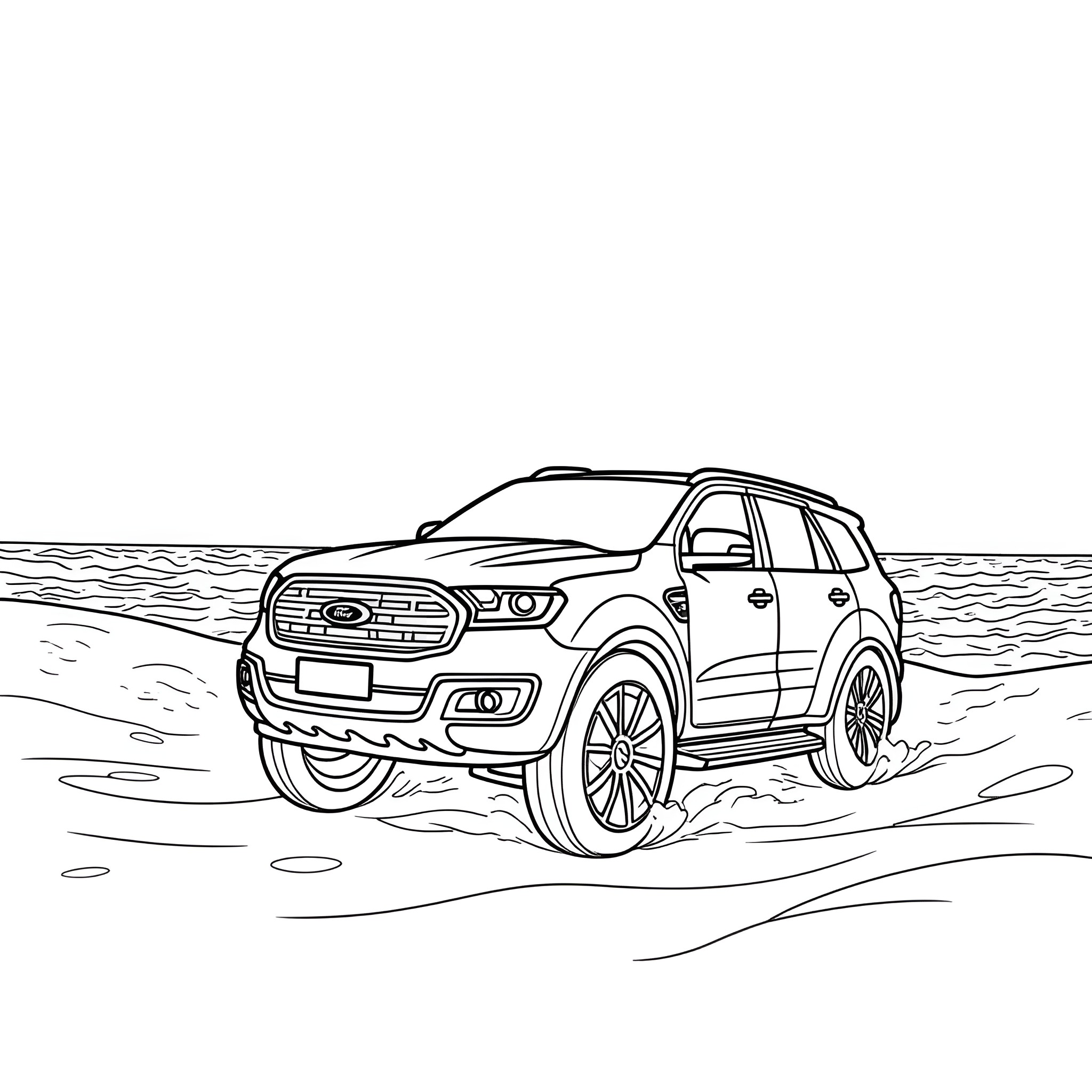 Ford Everest driving through off-road terrain Coloring Page (free black-and-white line drawing printable PDF for all, from beginners to advanced learners, including children, teens, adults, and seniors)