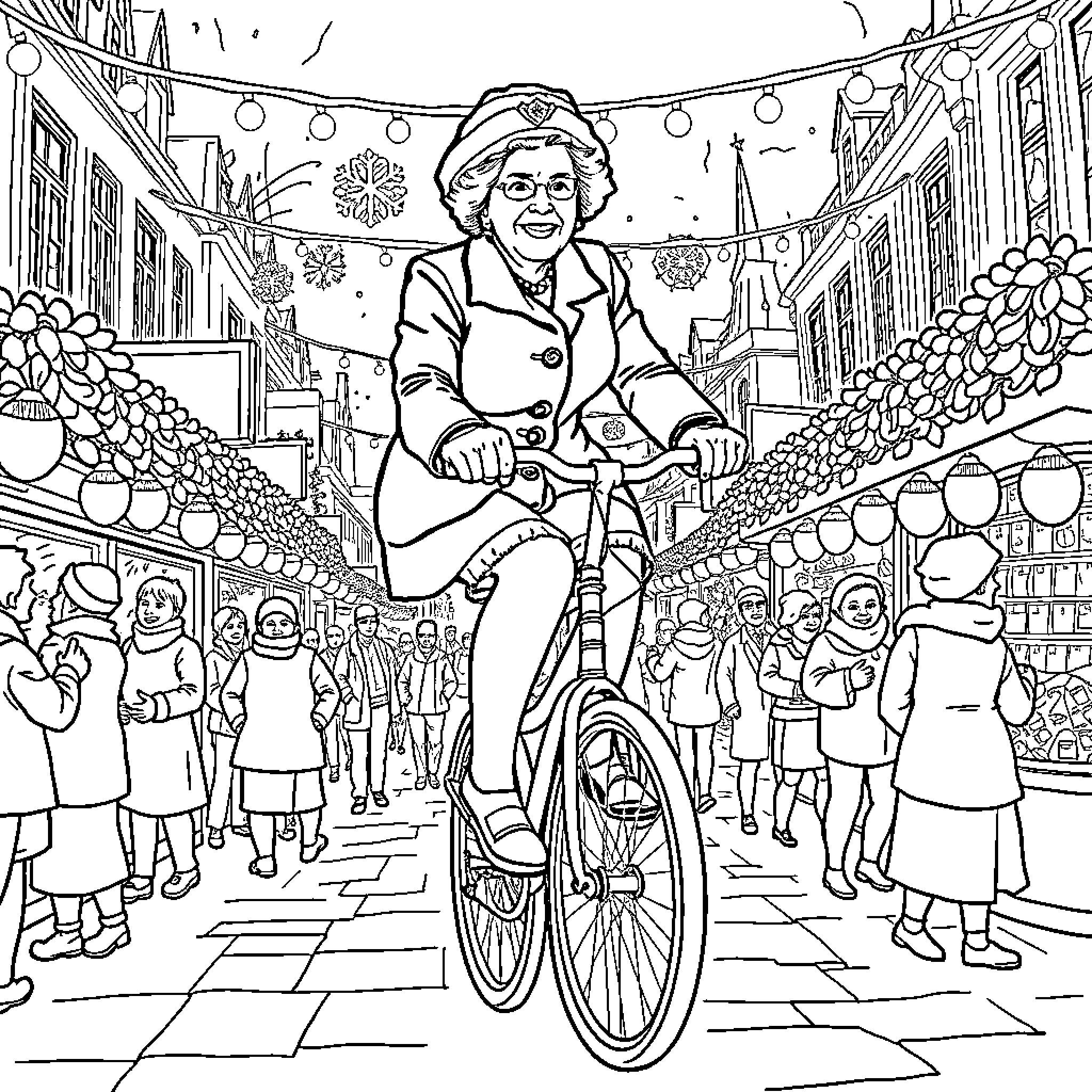 Margaret Thatcher riding a bicycle in a festive town Coloring Page (free black-and-white line drawing printable PDF for all, from beginners to advanced learners, including children, teens, adults, and seniors)