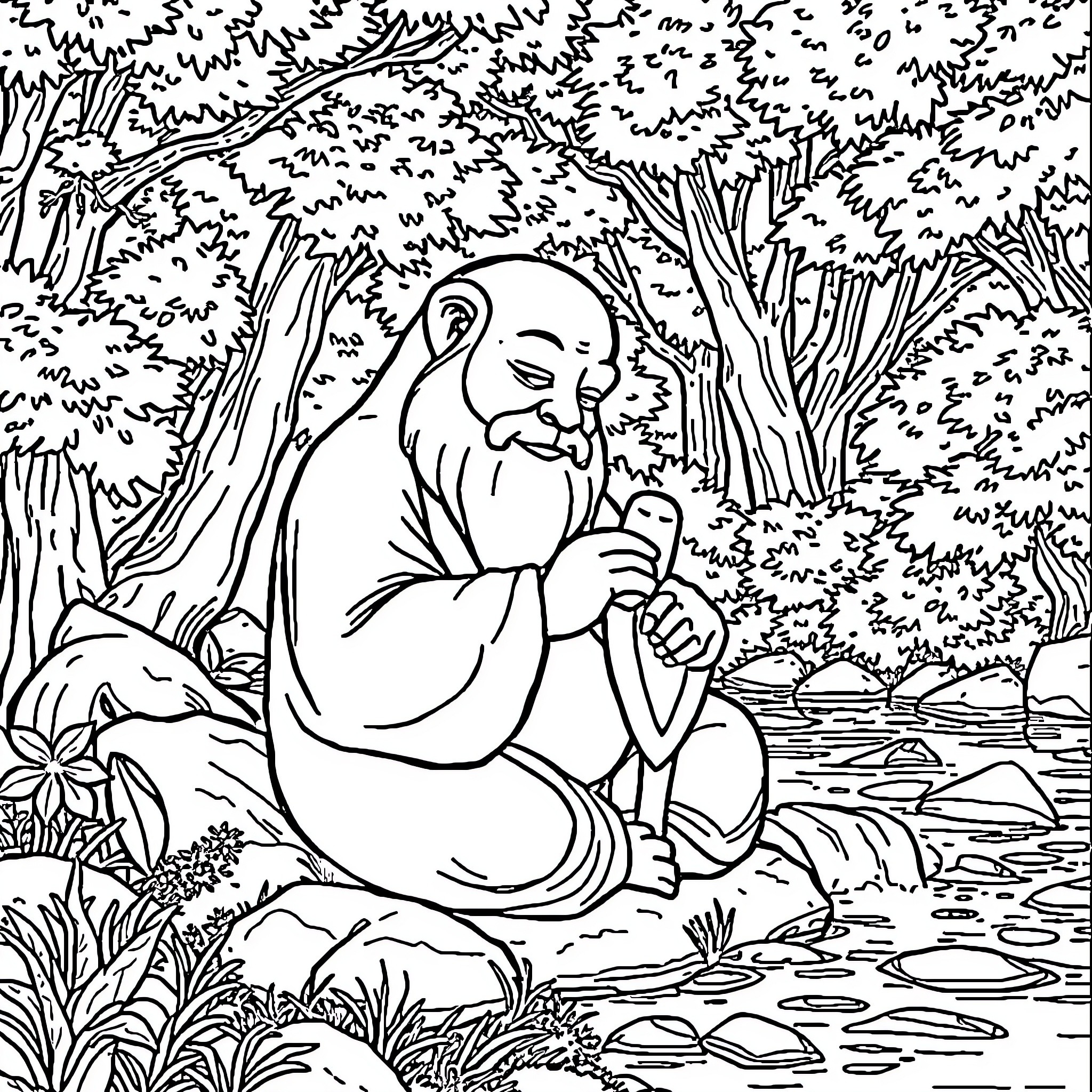 Buda meditating in serene forest landscape Coloring Page (free black-and-white line drawing printable PDF for all, from beginners to advanced learners, including children, teens, adults, and seniors)