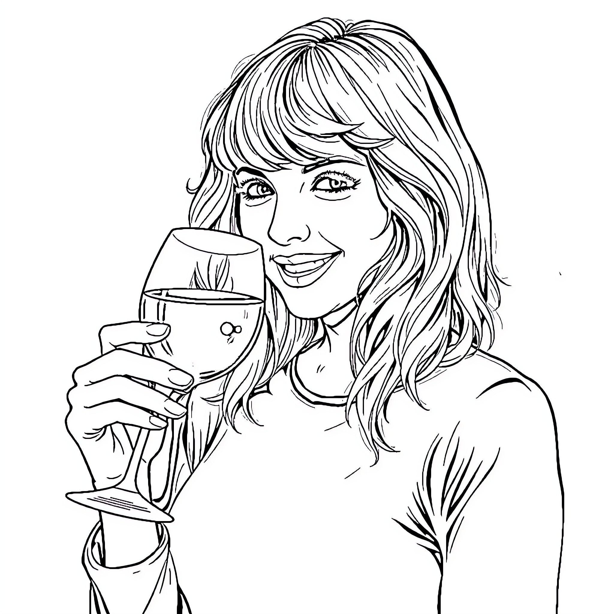 Taylor Swift Enjoying a Refreshing Drink Coloring Page (free black-and-white line drawing printable PDF for all, from beginners to advanced learners, including children, teens, adults, and seniors)
