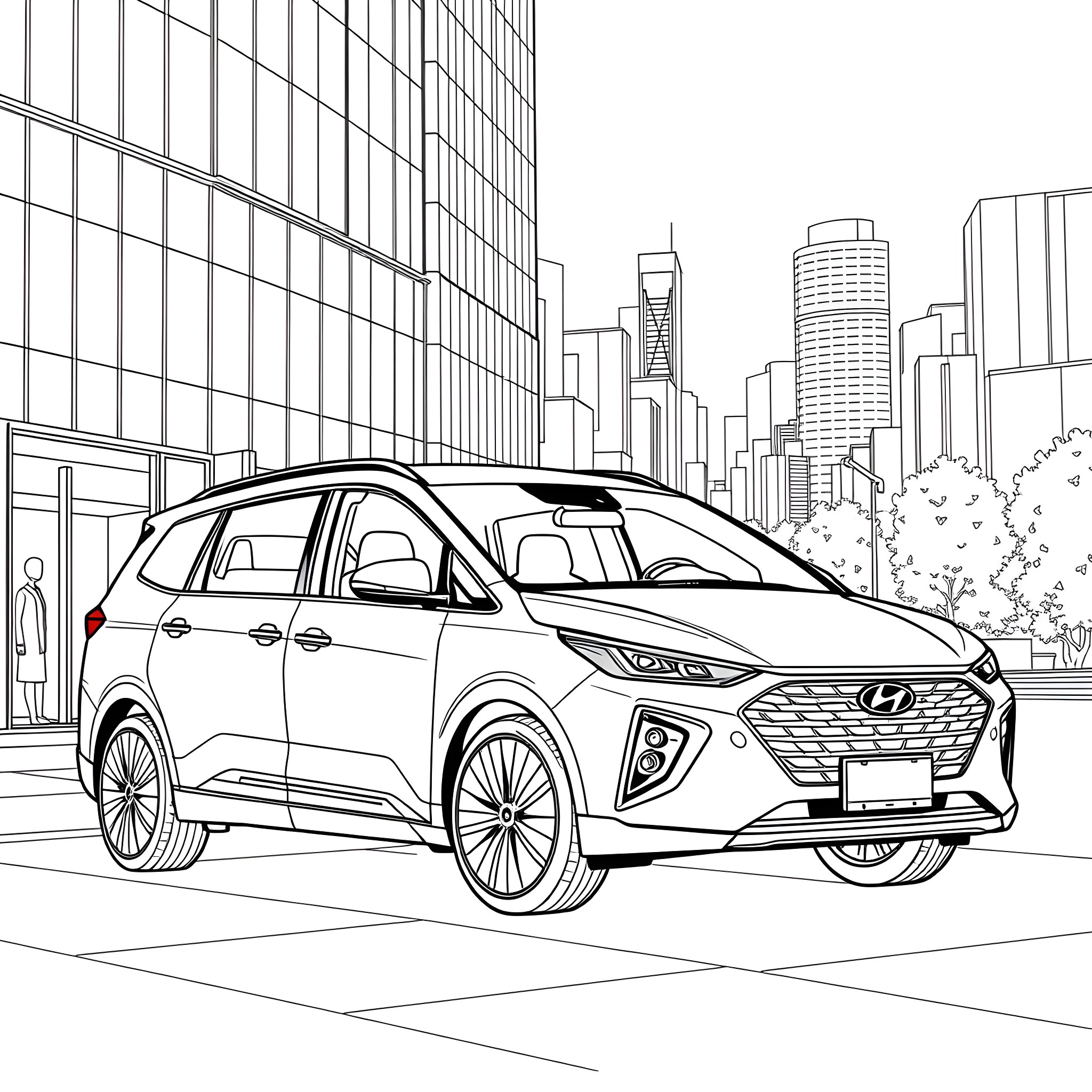 Hyundai Staria in urban cityscape Coloring Page (free black-and-white line drawing printable PDF for all, from beginners to advanced learners, including children, teens, adults, and seniors)