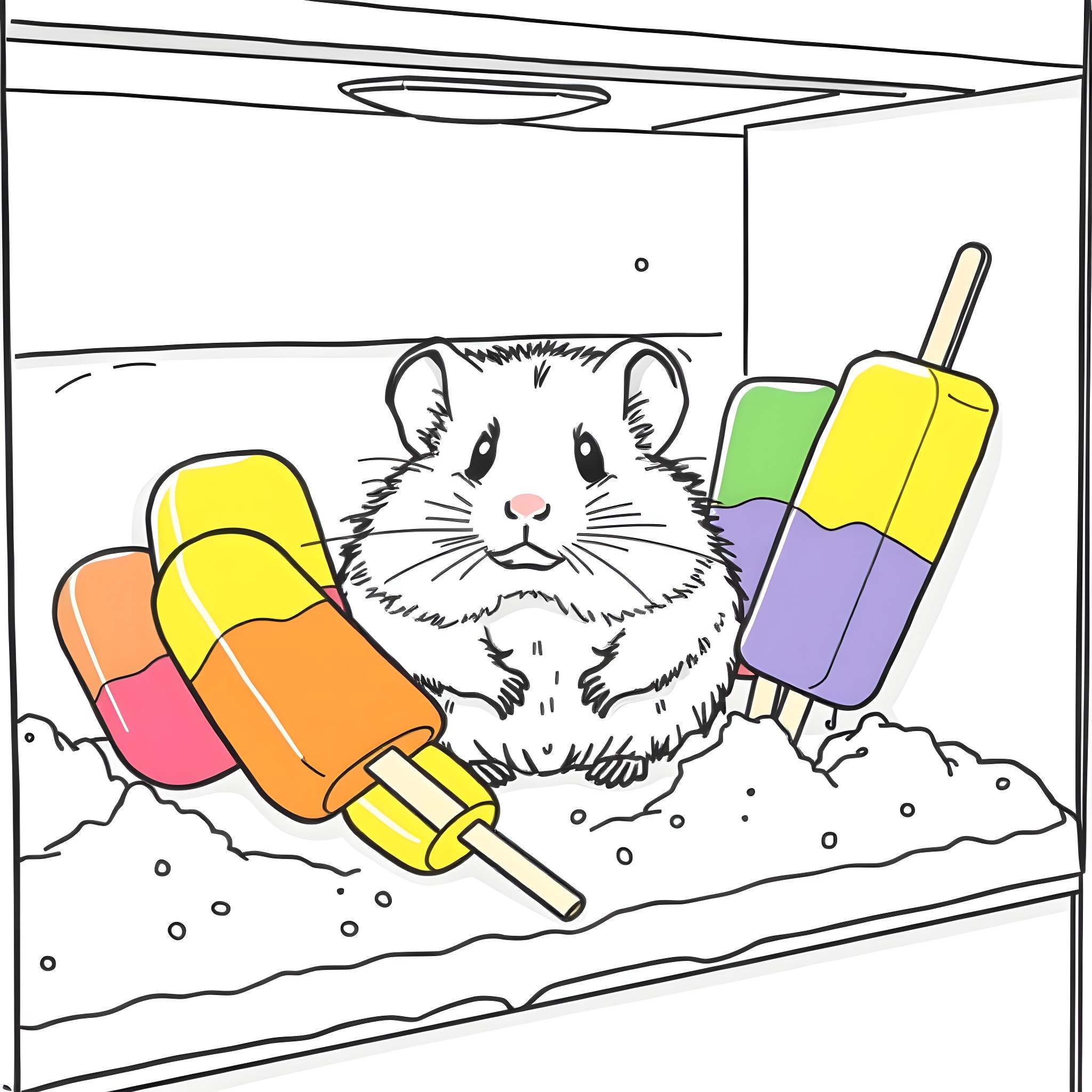 Hamster enjoying colorful popsicles Coloring Page (free black-and-white line drawing printable PDF for all, from beginners to advanced learners, including children, teens, adults, and seniors)