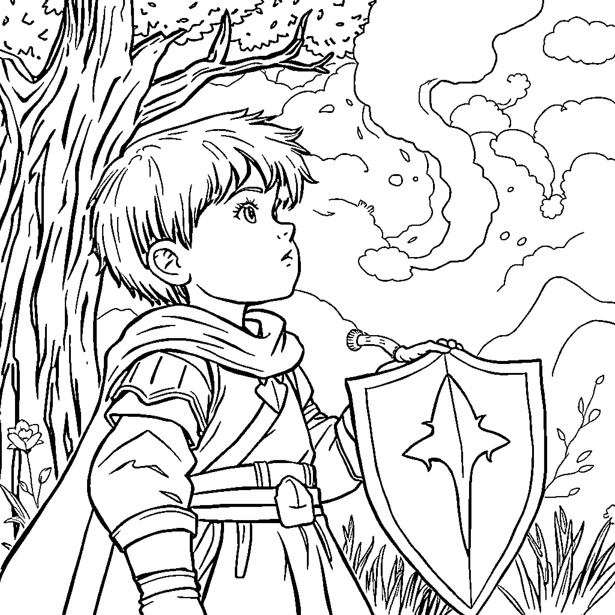 Kid exploring enchanted forest with shield Coloring Page (free black-and-white line drawing printable PDF for all, from beginners to advanced learners, including children, teens, adults, and seniors)