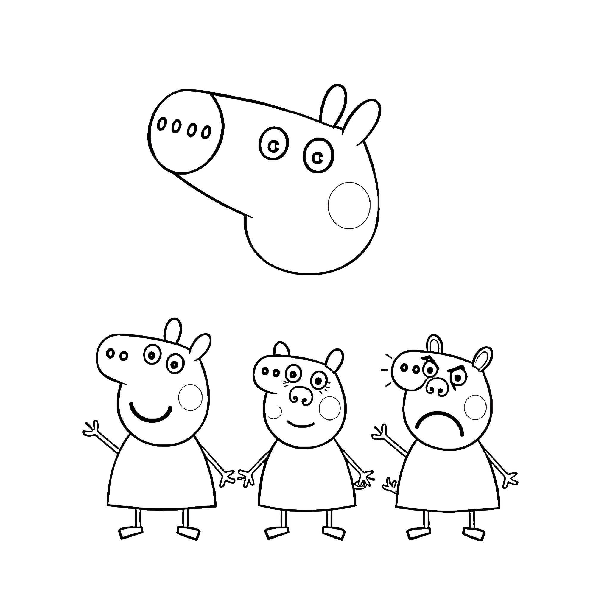 Peppa Pig family in simple line art Coloring Page (free black-and-white line drawing printable PDF for all, from beginners to advanced learners, including children, teens, adults, and seniors)