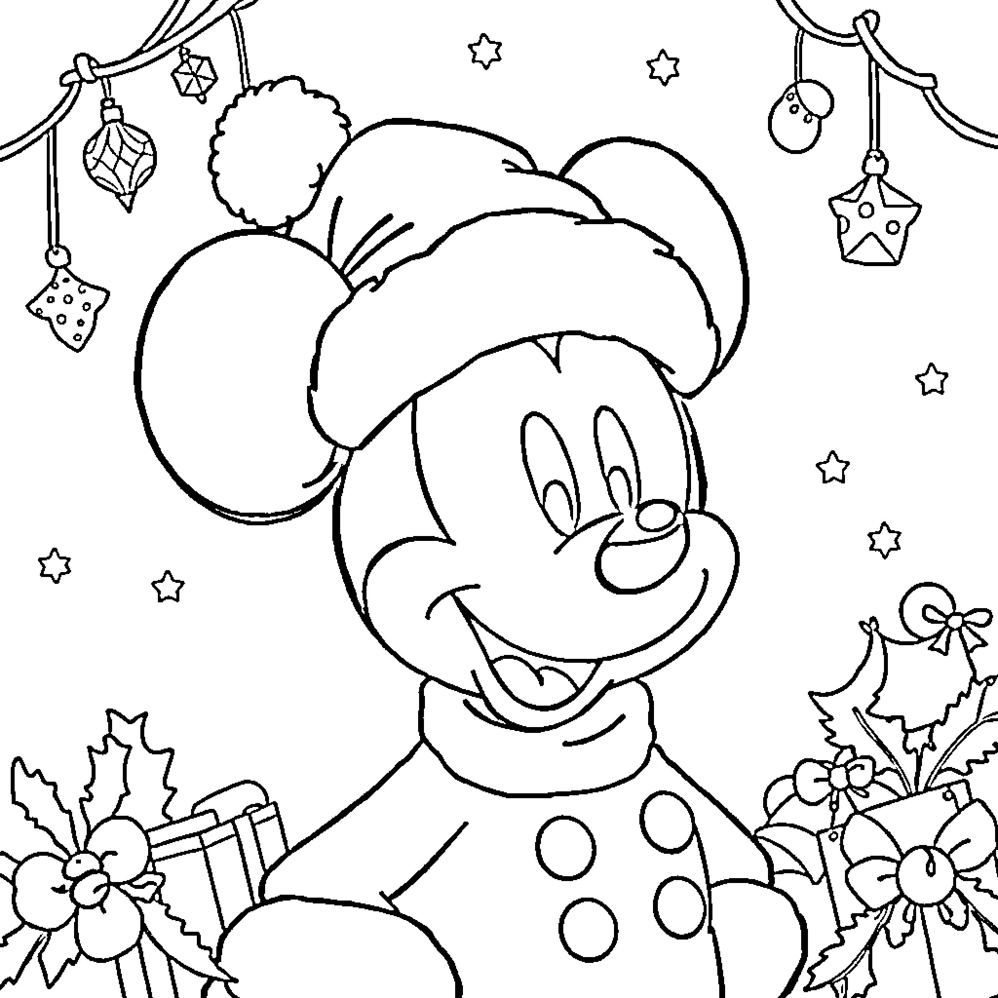 Mickey Mouse in festive holiday attire Coloring Page (free black-and-white line drawing printable PDF for all, from beginners to advanced learners, including children, teens, adults, and seniors)