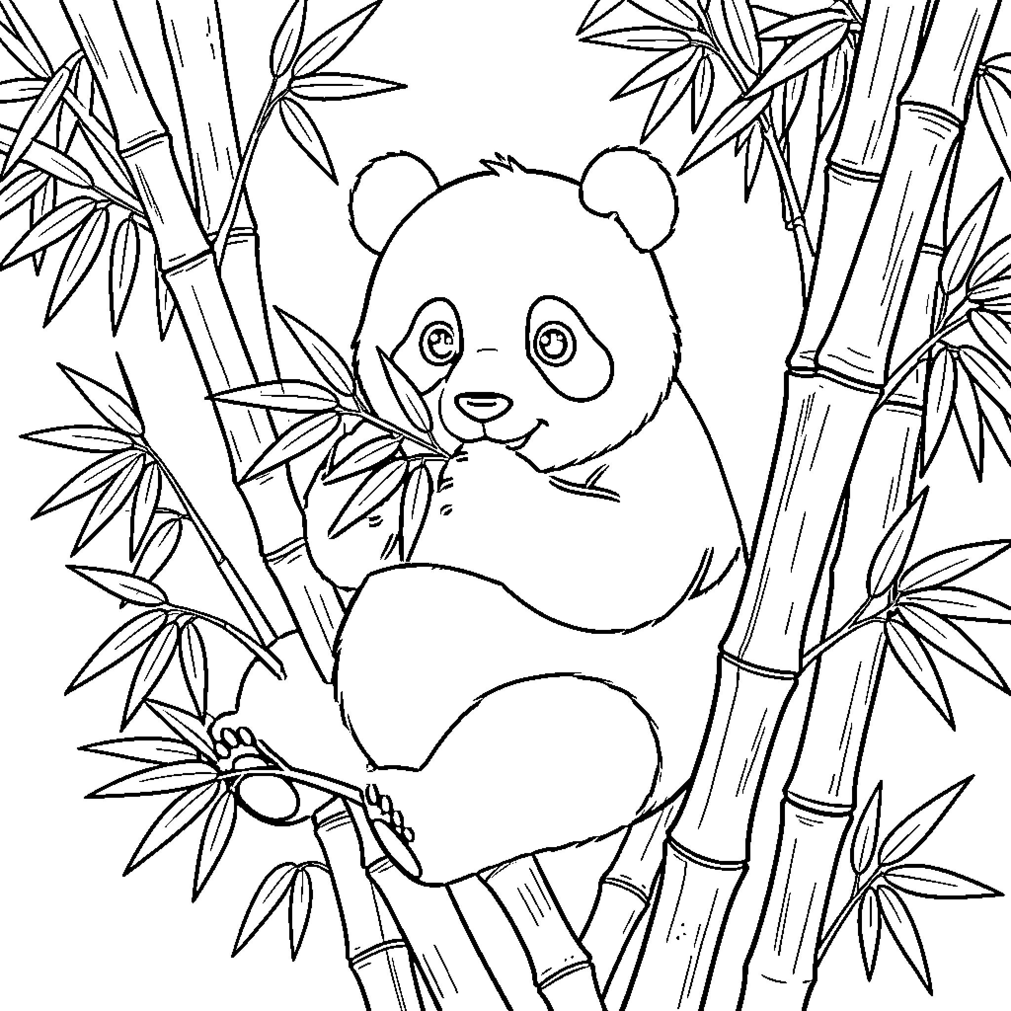 Panda sitting amidst bamboo stalks Coloring Page (free black-and-white line drawing printable PDF for all, from beginners to advanced learners, including children, teens, adults, and seniors)