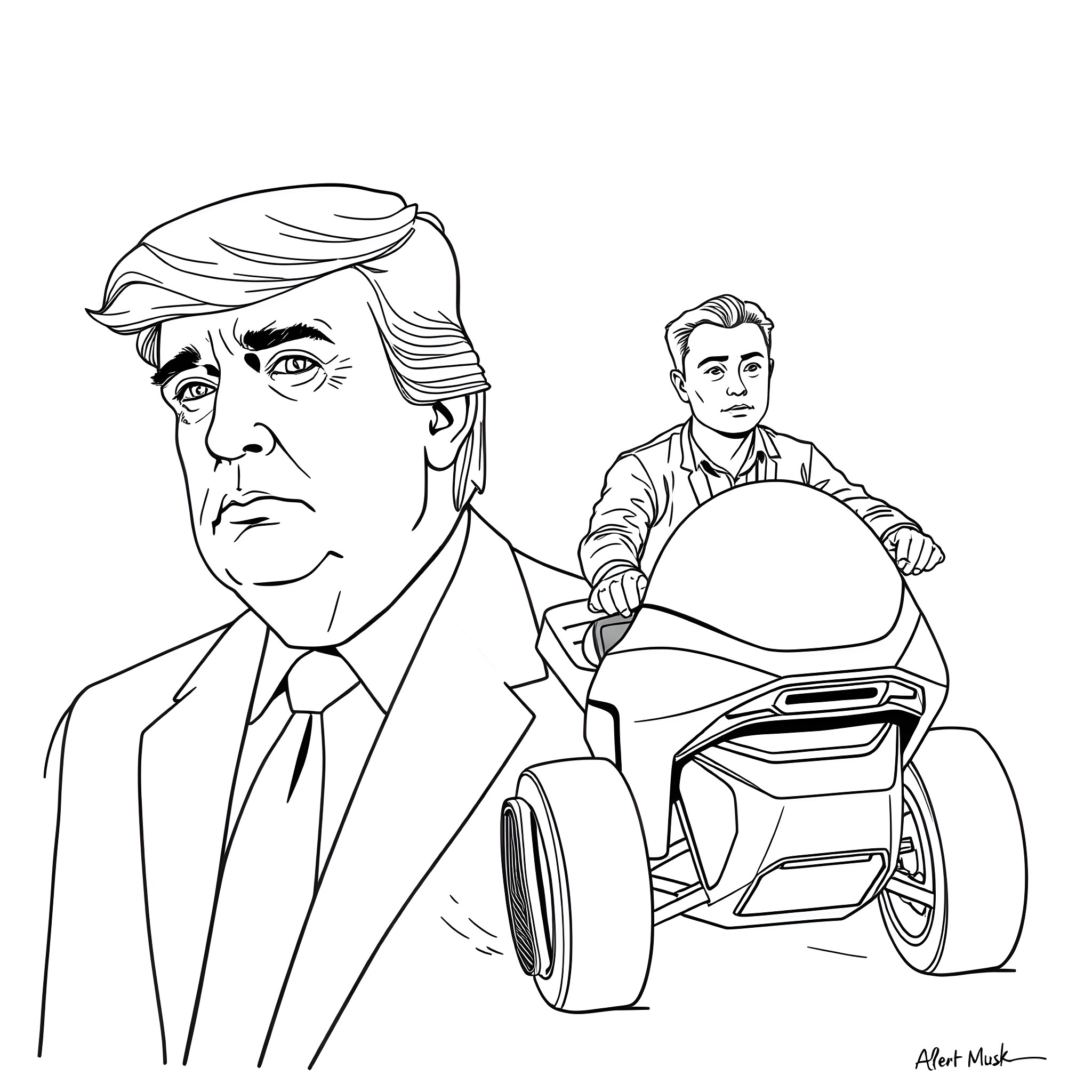 Trump's Determined Expression and Futuristic Transportation Coloring Page (free black-and-white line drawing printable PDF for all, from beginners to advanced learners, including children, teens, adults, and seniors)