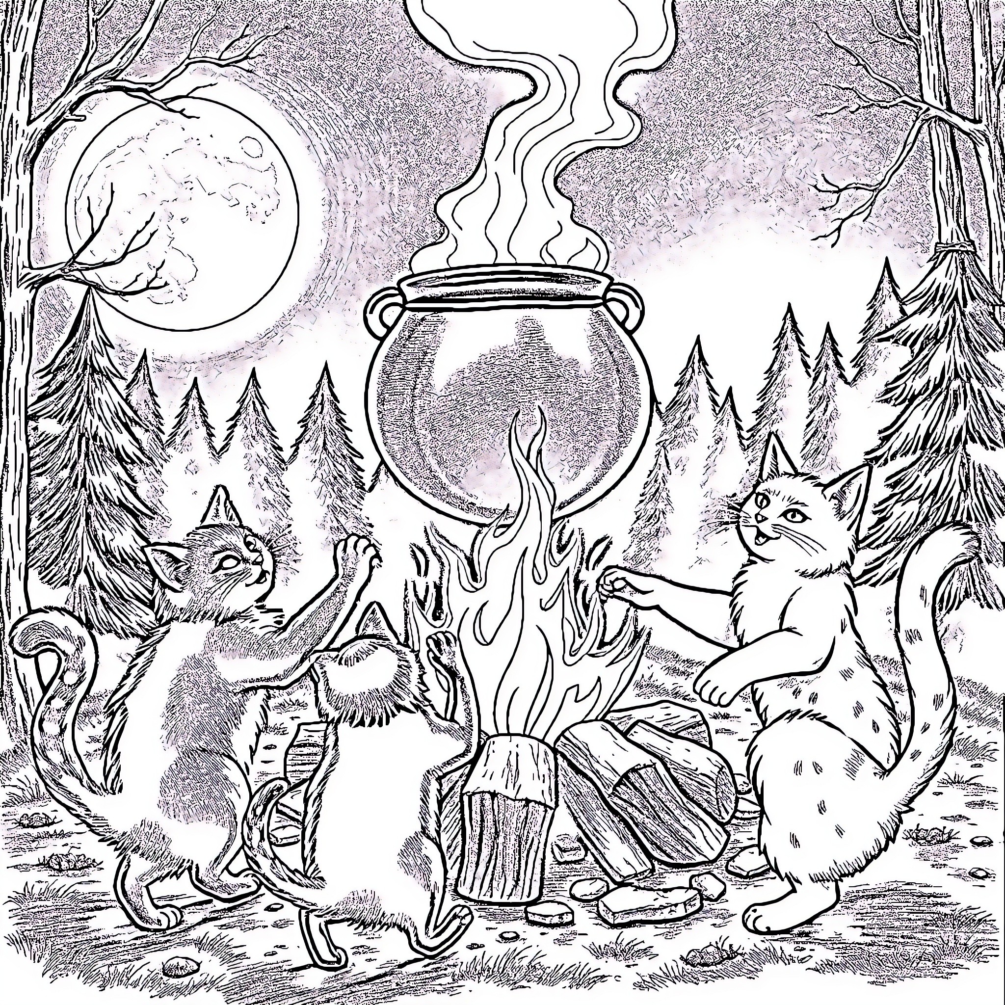Cats Casting Spells by the Firepit in the Forest Coloring Page (free black-and-white line drawing printable PDF for all, from beginners to advanced learners, including children, teens, adults, and seniors)
