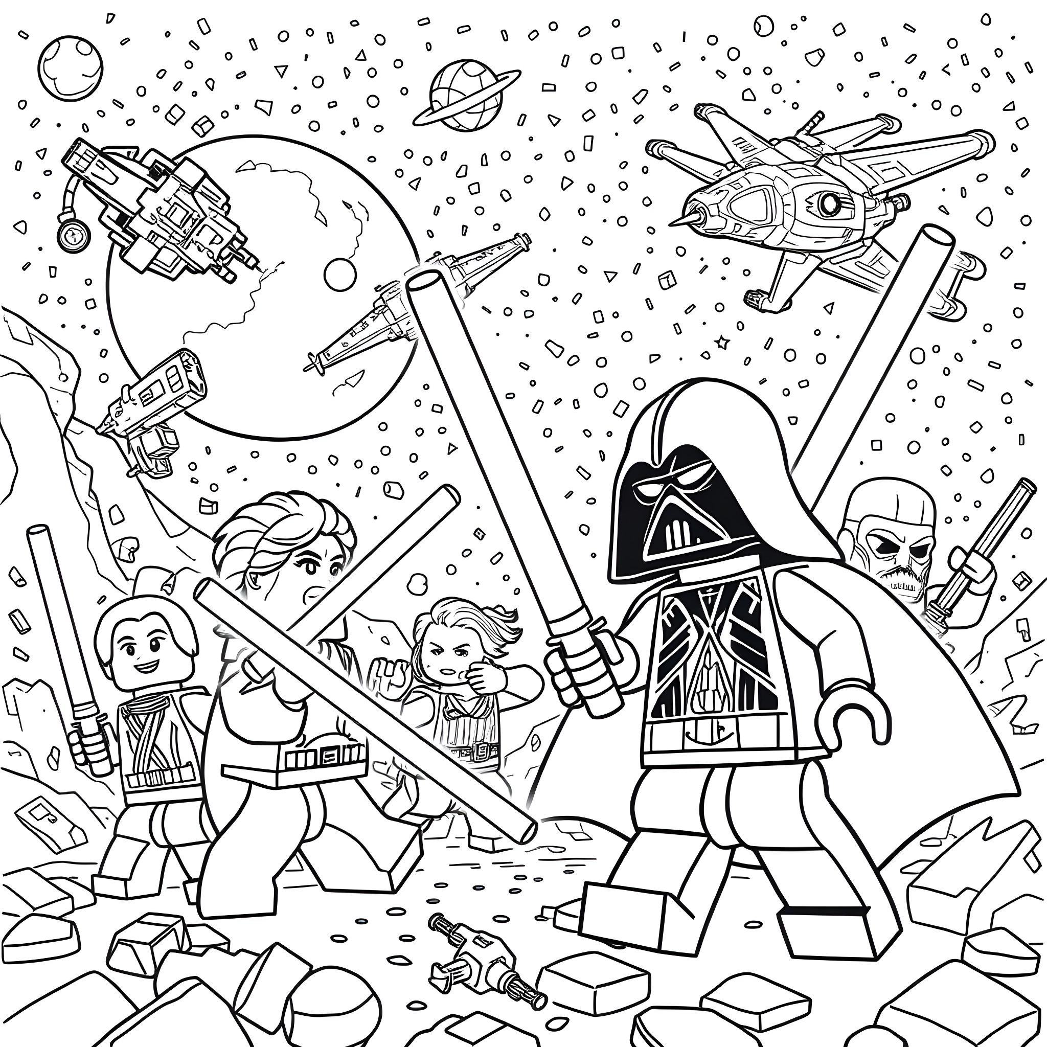 Lego characters in an epic space battle Coloring Page (free black-and-white line drawing printable PDF for all, from beginners to advanced learners, including children, teens, adults, and seniors)