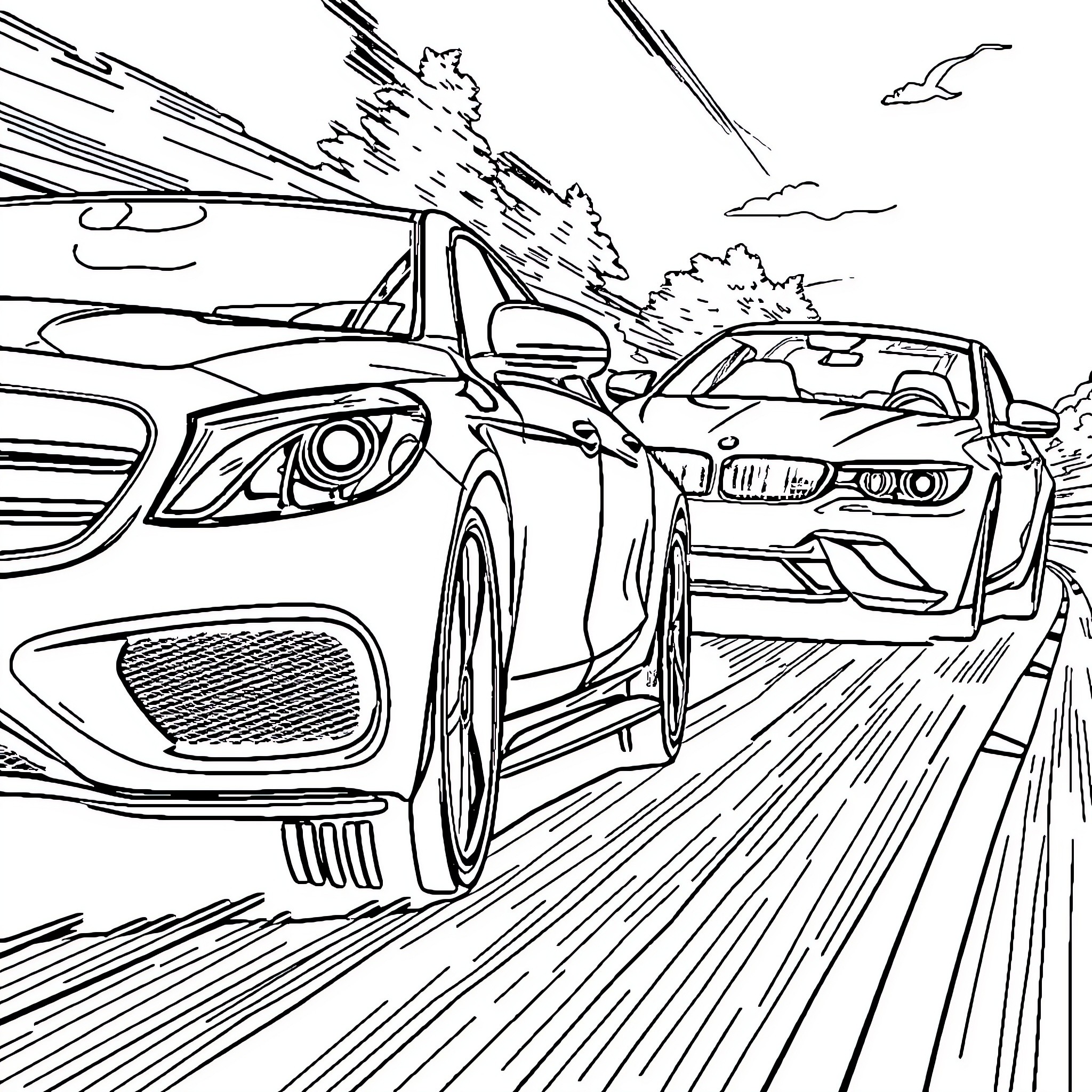 Mercedes-Benz Cars Racing on the Open Road Coloring Page (free black-and-white line drawing printable PDF for all, from beginners to advanced learners, including children, teens, adults, and seniors)