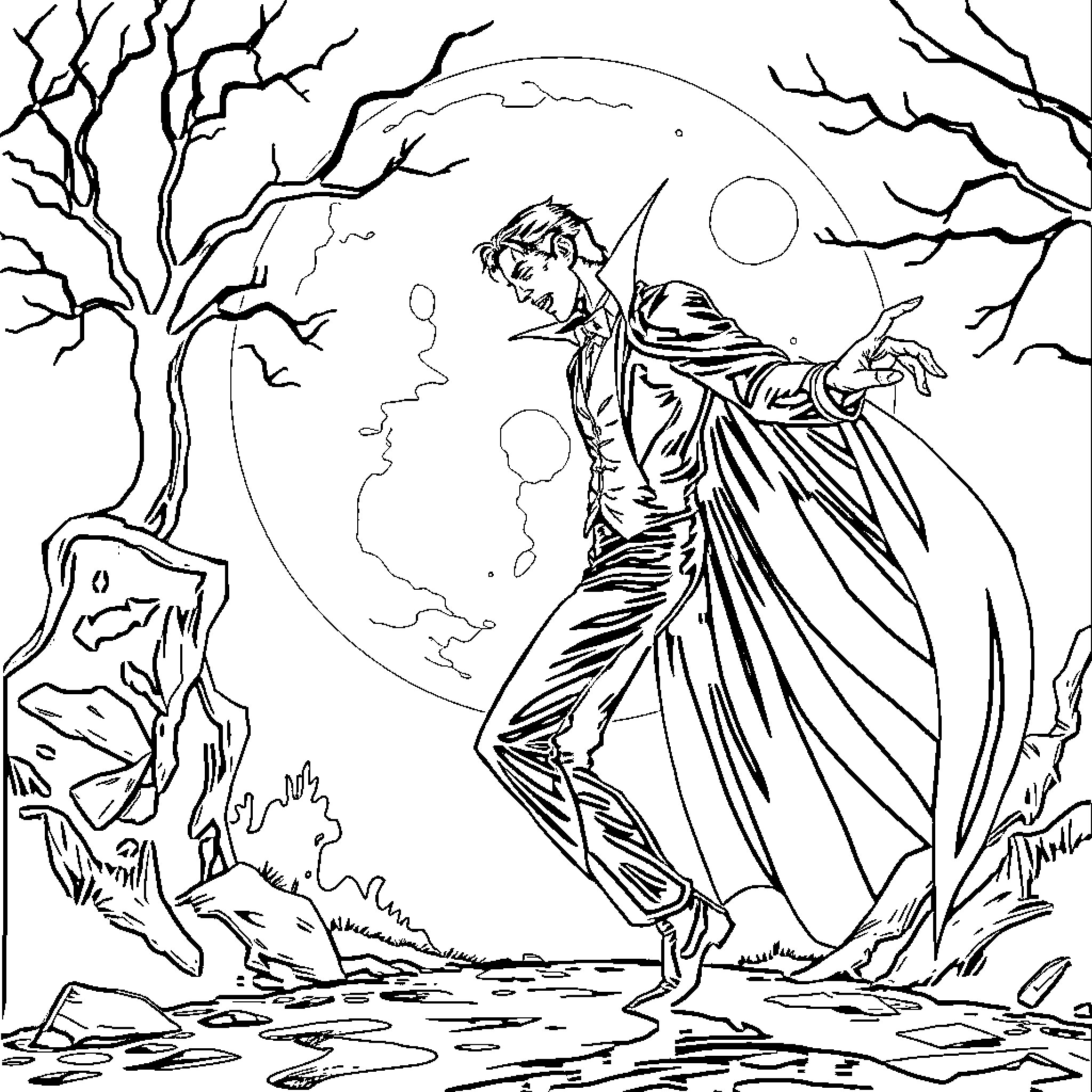 Dracula's Haunting Presence in the Moonlight Coloring Page (free black-and-white line drawing printable PDF for all, from beginners to advanced learners, including children, teens, adults, and seniors)